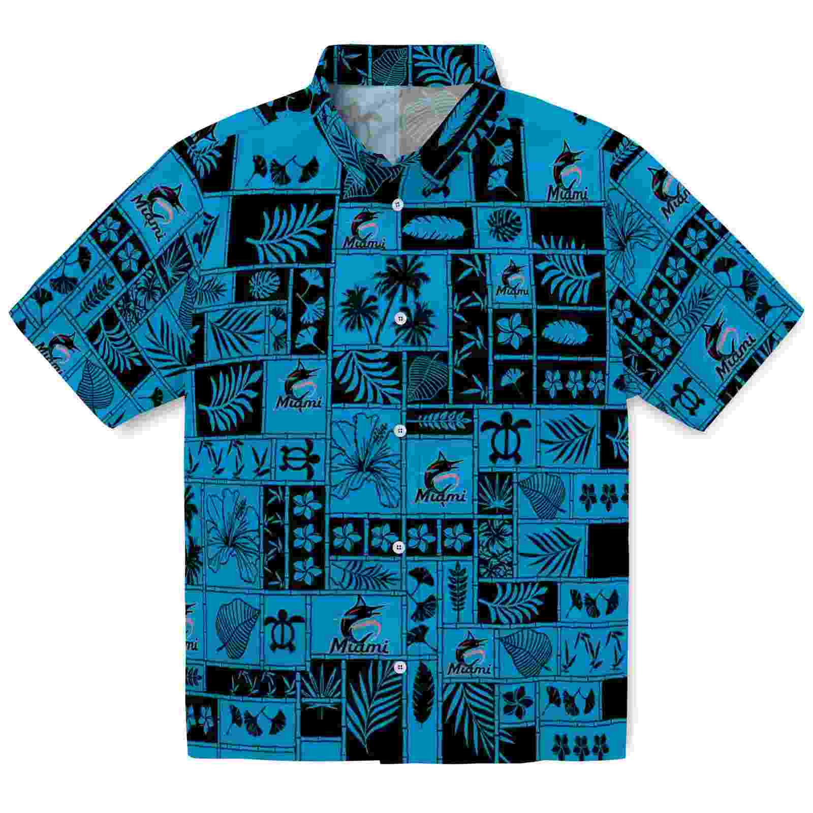 Miami Marlins Tropical Patchwork Blue Black Hawaiian Shirt