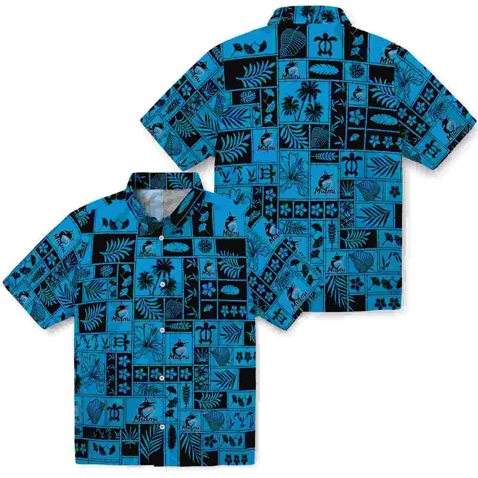 miami marlins tropical patchwork blue black hawaiian shirt high quality