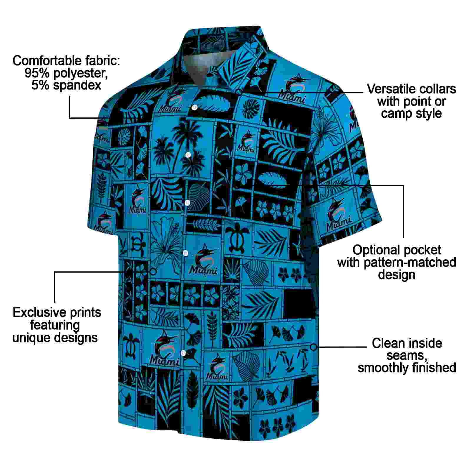 miami marlins tropical patchwork blue black hawaiian shirt new arrival