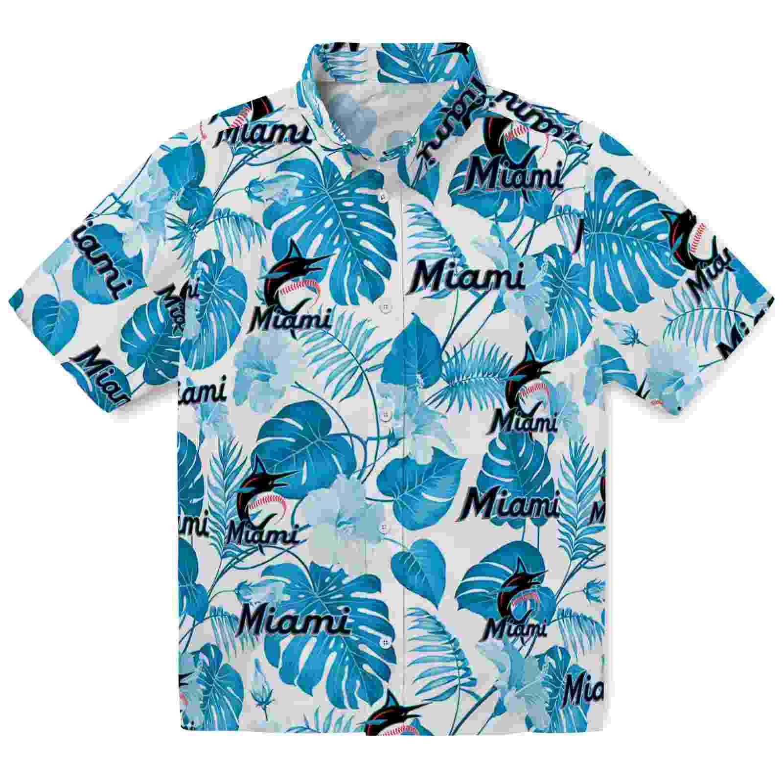 Miami Marlins Tropical Plants Blue White Hawaiian Shirt