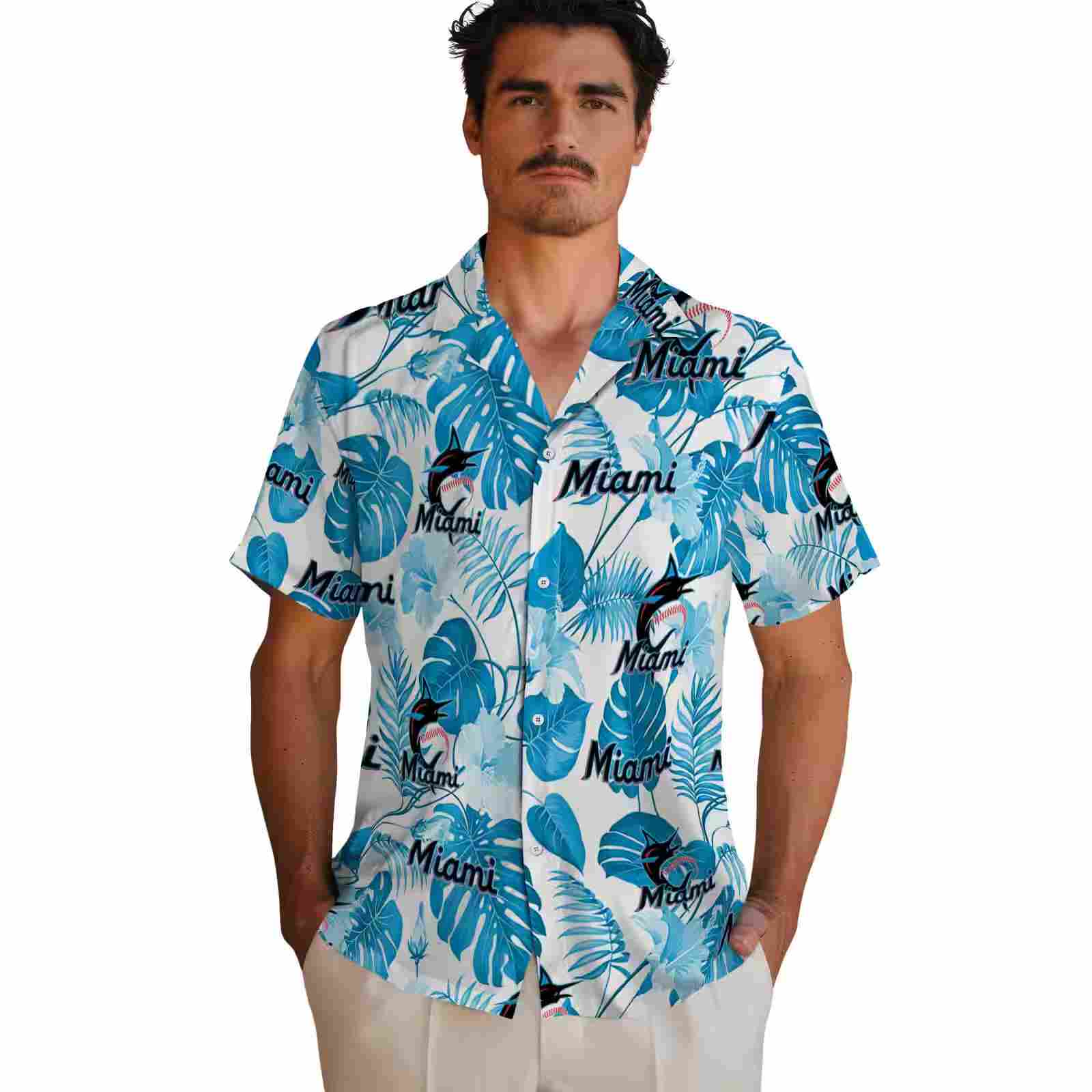 miami marlins tropical plants blue white hawaiian shirt fashion forward