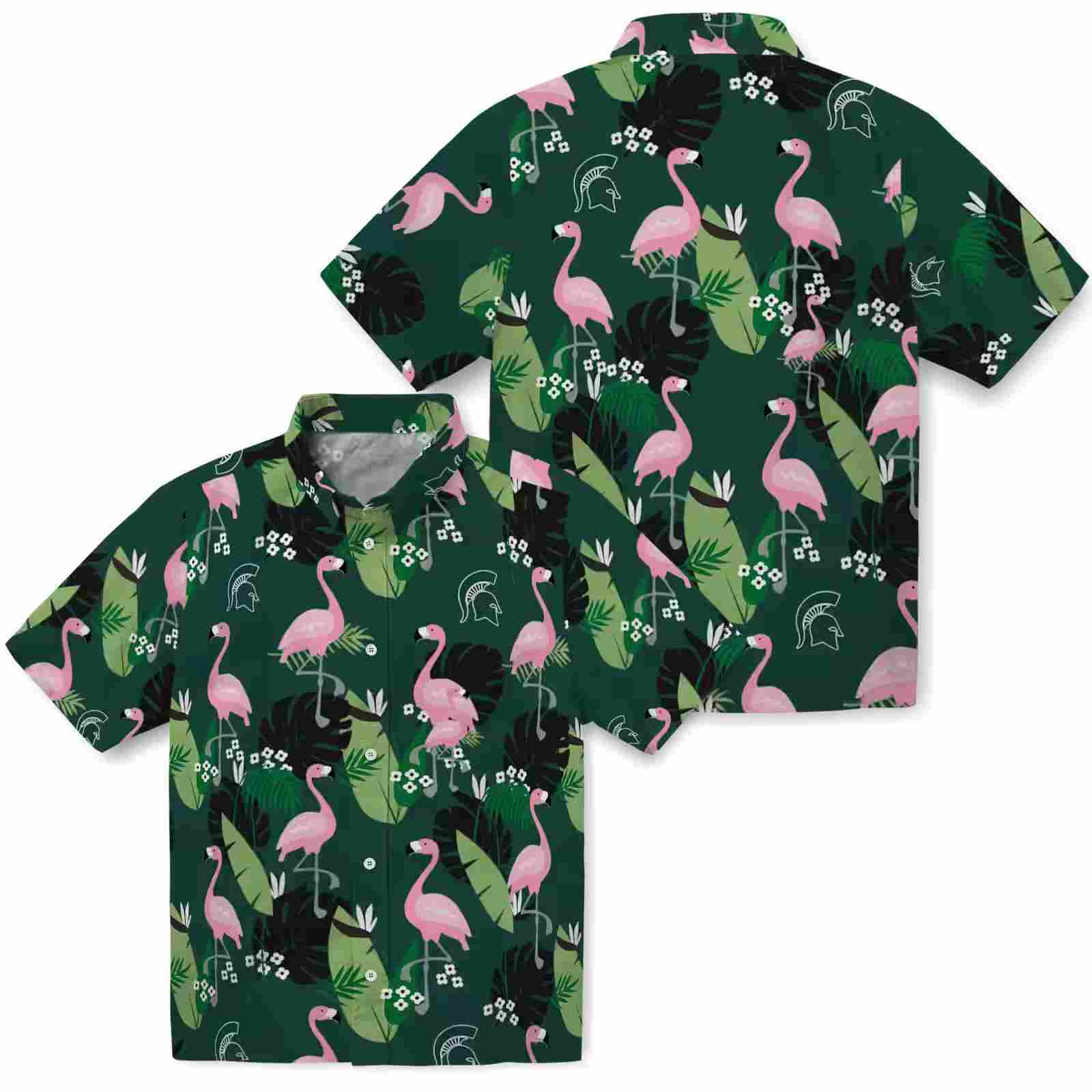 michigan state spartans flamingo leaf motif green hawaiian shirt high quality