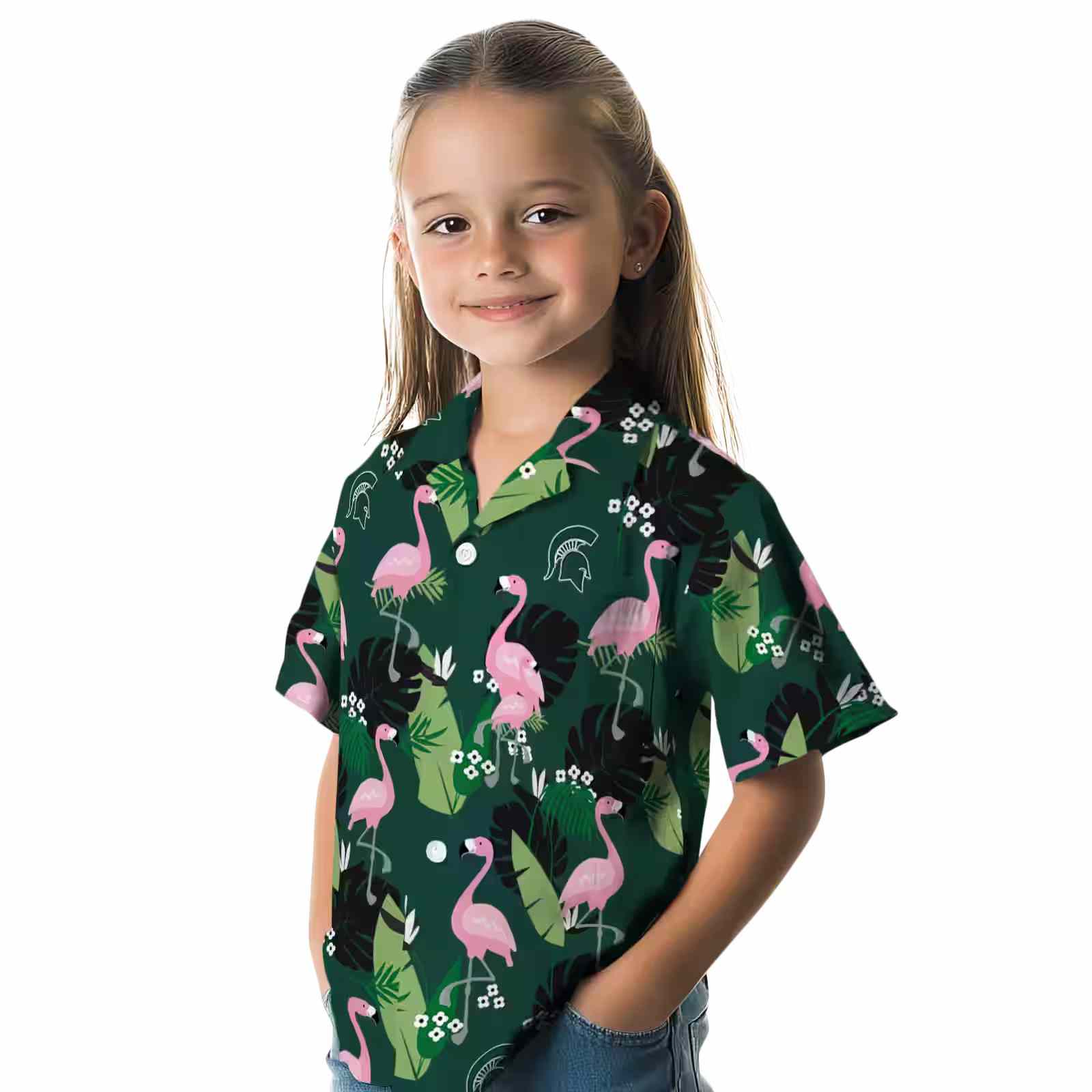 michigan state spartans flamingo leaf motif green hawaiian shirt premium grade