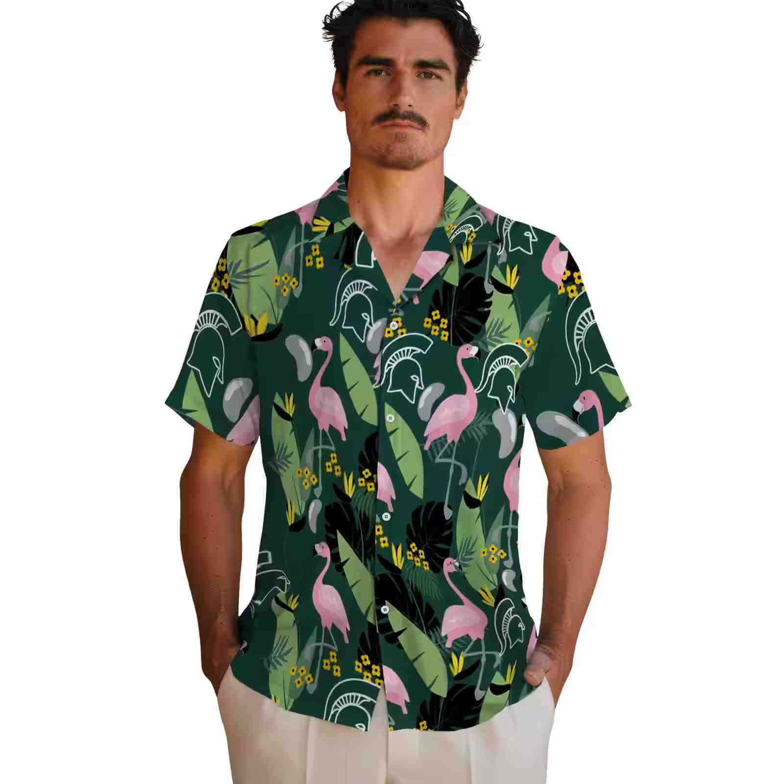 michigan state spartans flamingo leaves green hawaiian shirt fashion forward