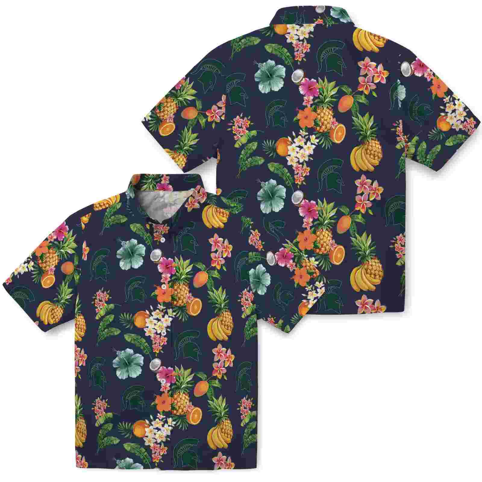 michigan state spartans hibiscus and fruit navy blue hawaiian shirt high quality