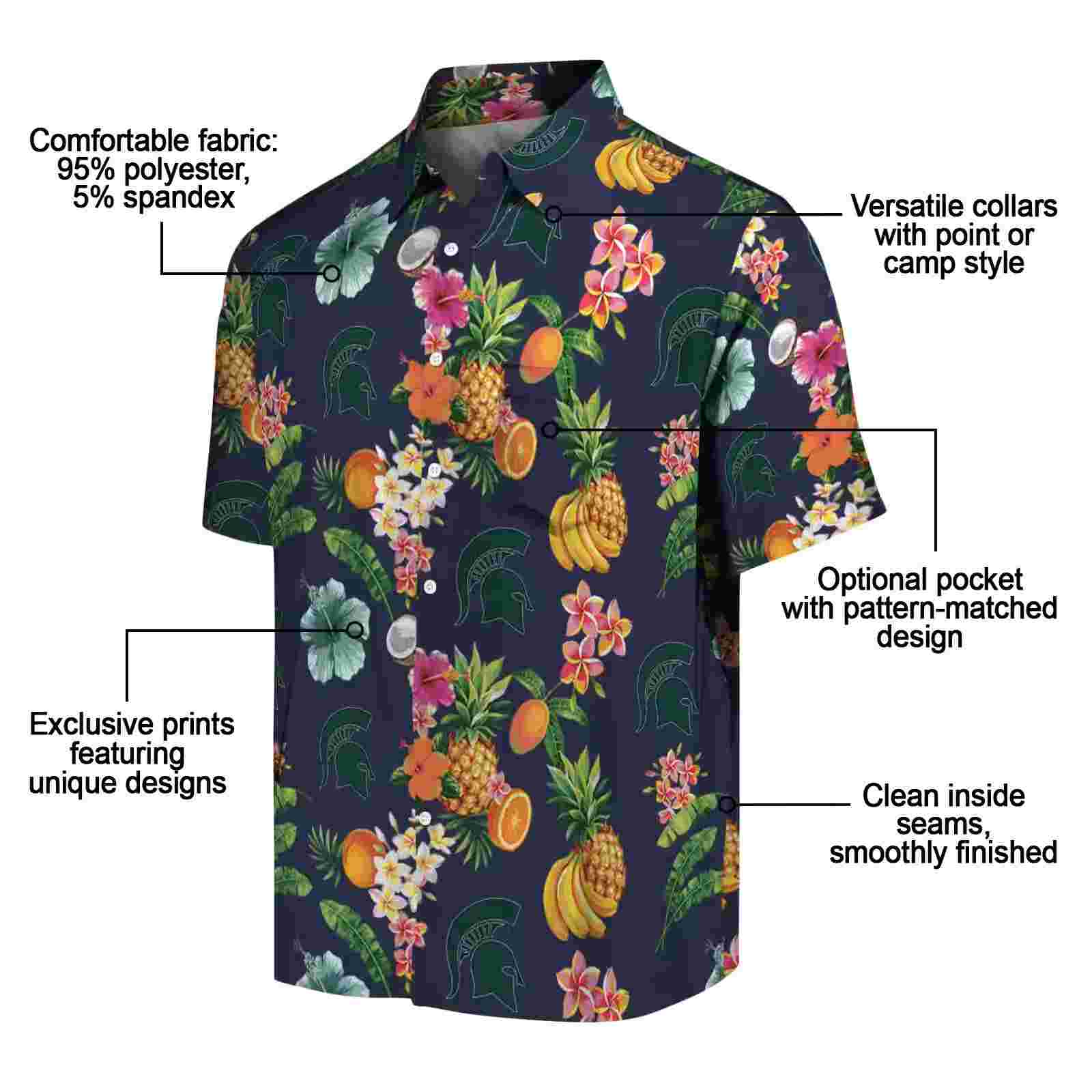 michigan state spartans hibiscus and fruit navy blue hawaiian shirt new arrival