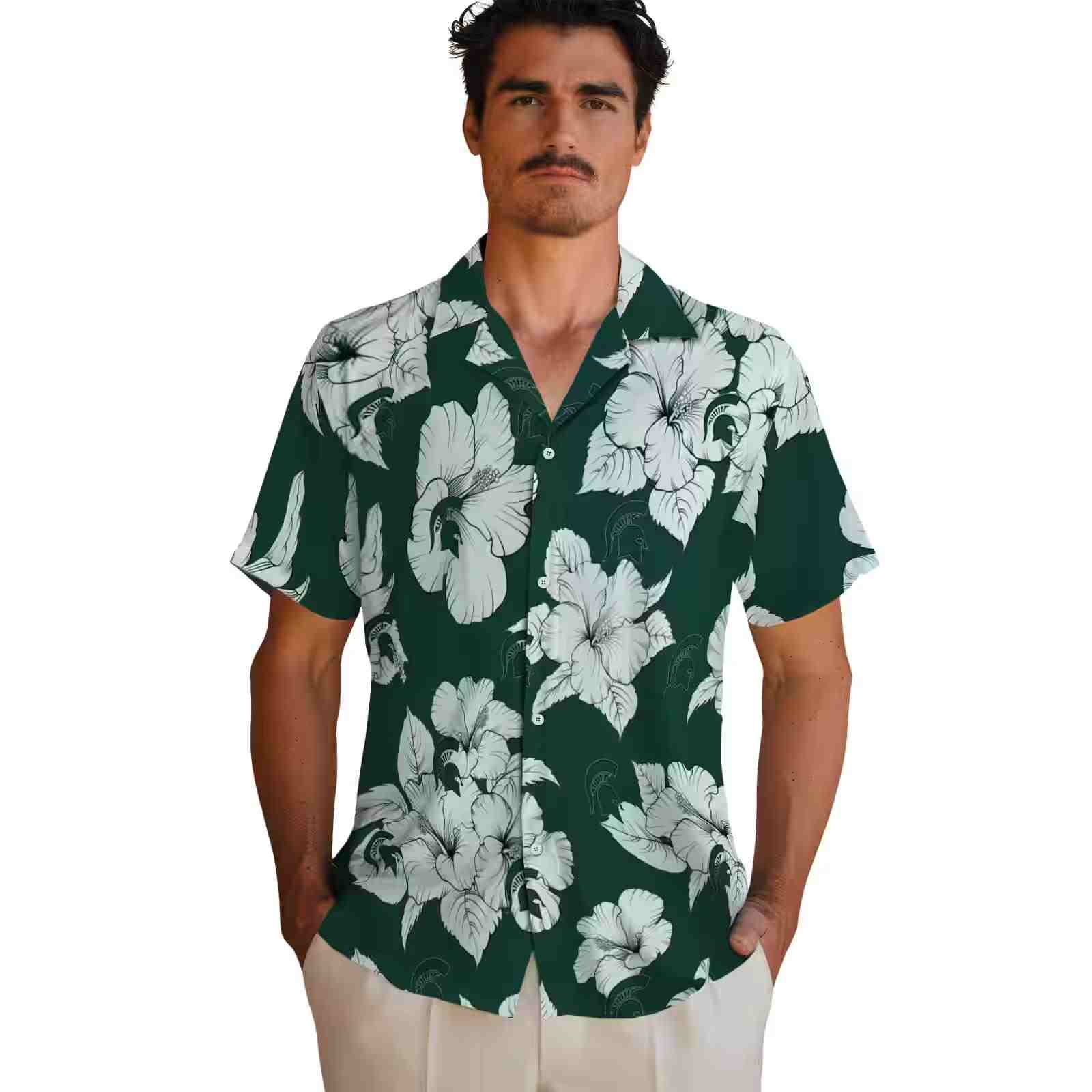 michigan state spartans hibiscus blooms green white hawaiian shirt fashion forward