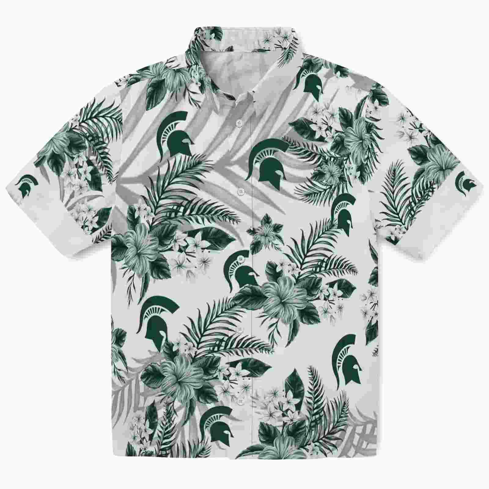 Michigan State Spartans Hibiscus Palm Leaves Green White Hawaiian Shirt