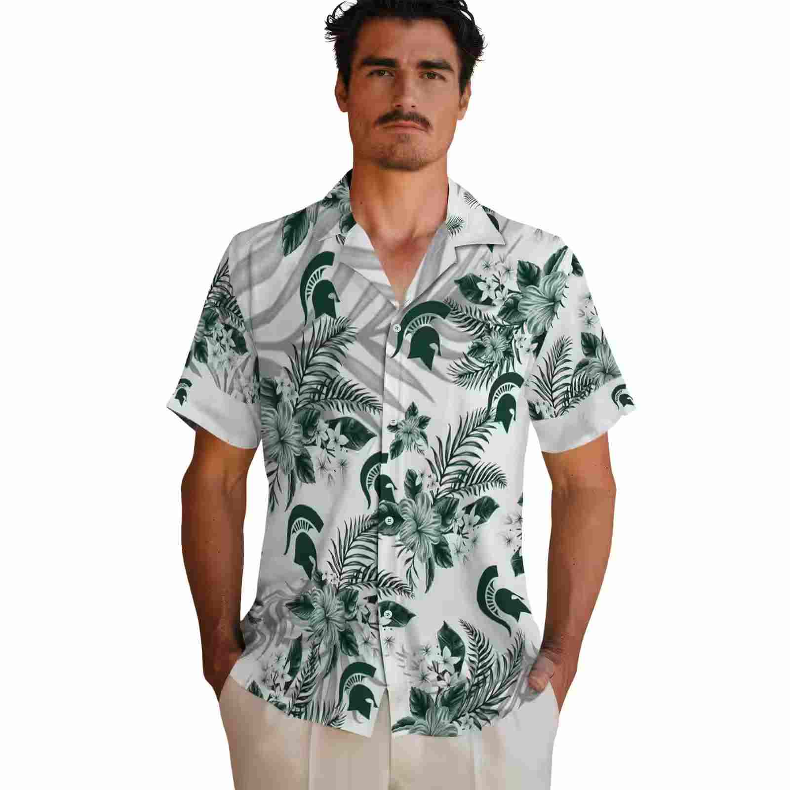 michigan state spartans hibiscus palm leaves green white hawaiian shirt fashion forward