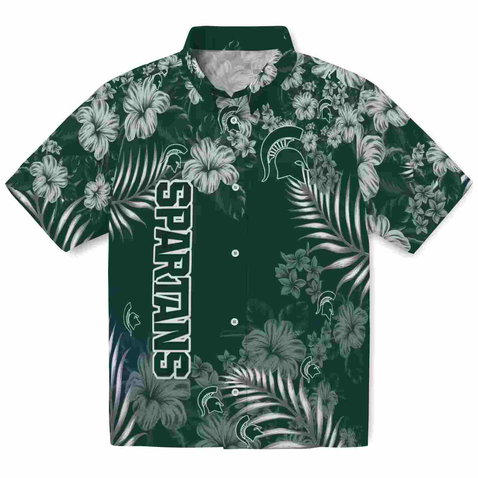 Michigan State Spartans Hibiscus Print Green Hawaiian Shirt