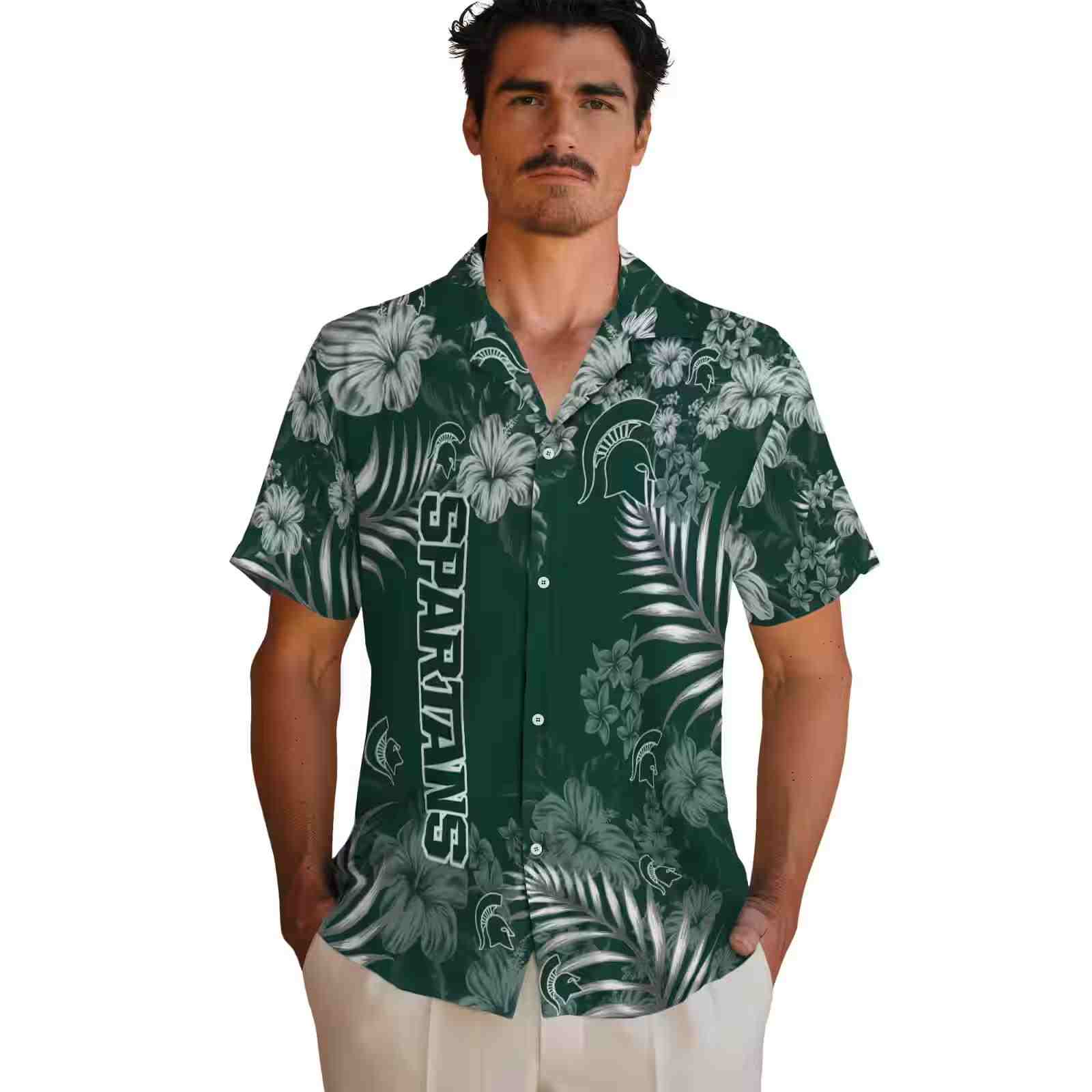 michigan state spartans hibiscus print green hawaiian shirt fashion forward