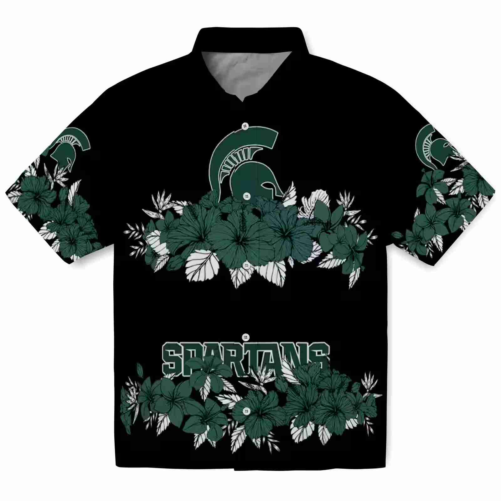 Michigan State Spartans Hibiscus Stripe Green Black Hawaiian Shirt