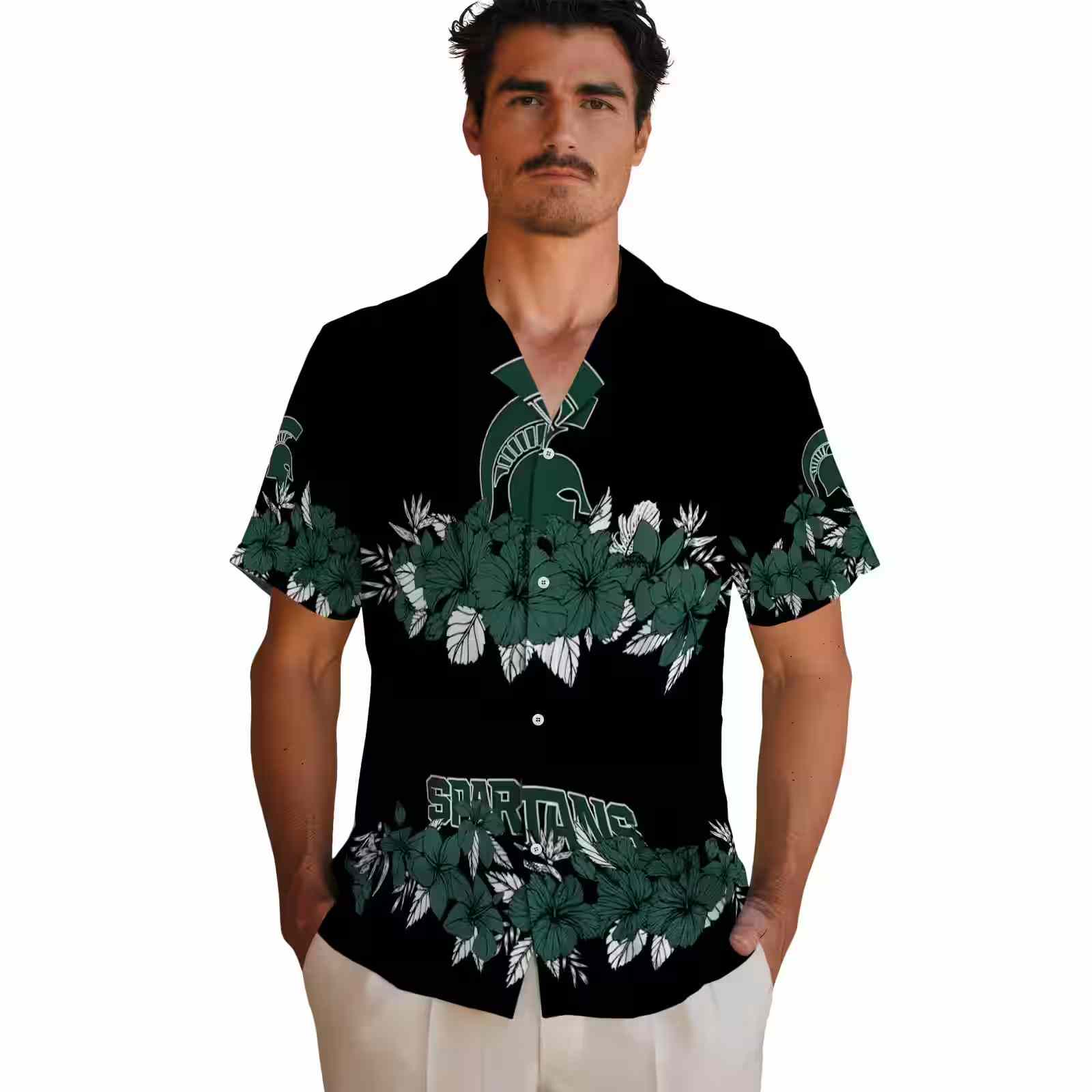 michigan state spartans hibiscus stripe green black hawaiian shirt fashion forward