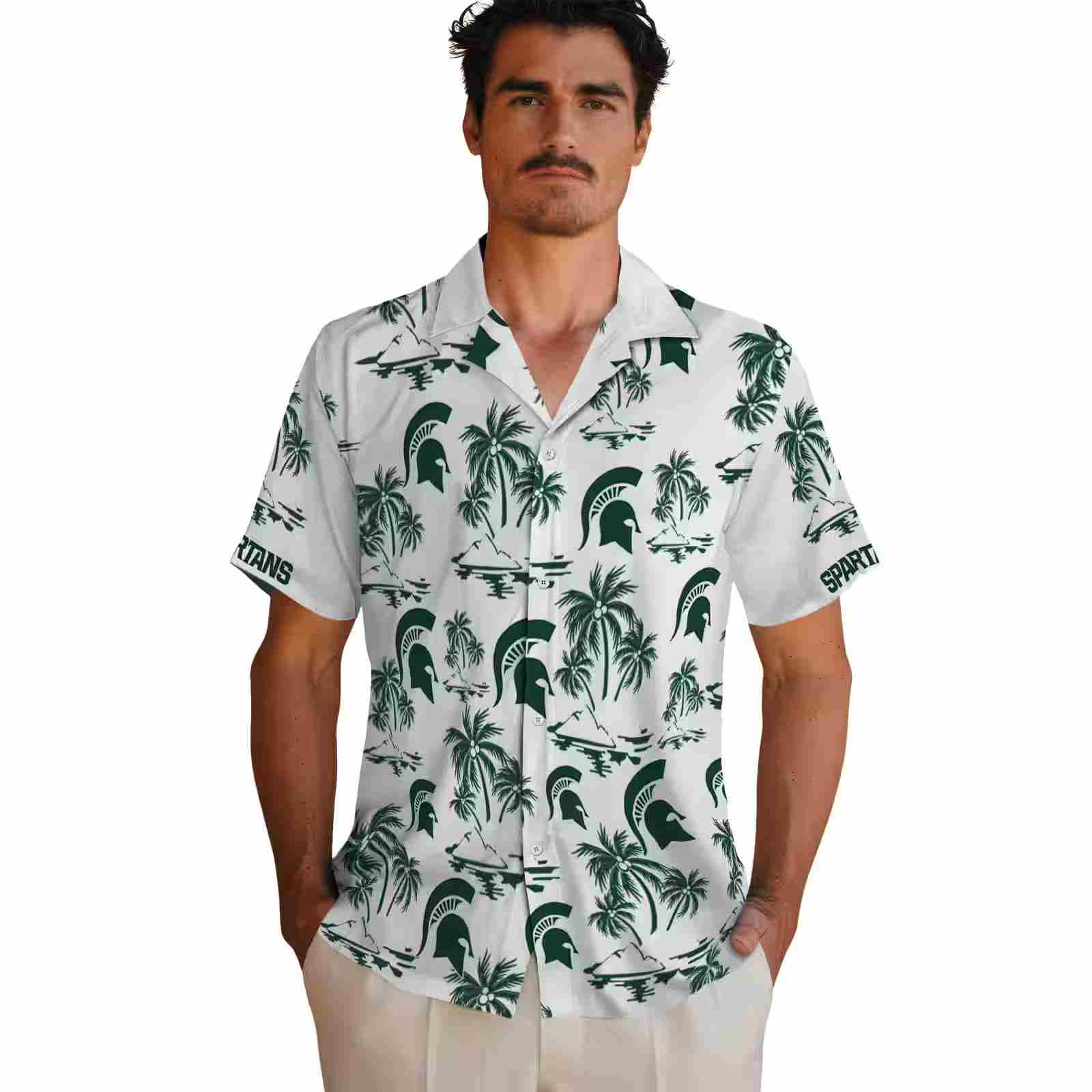 michigan state spartans palm island print green white hawaiian shirt fashion forward