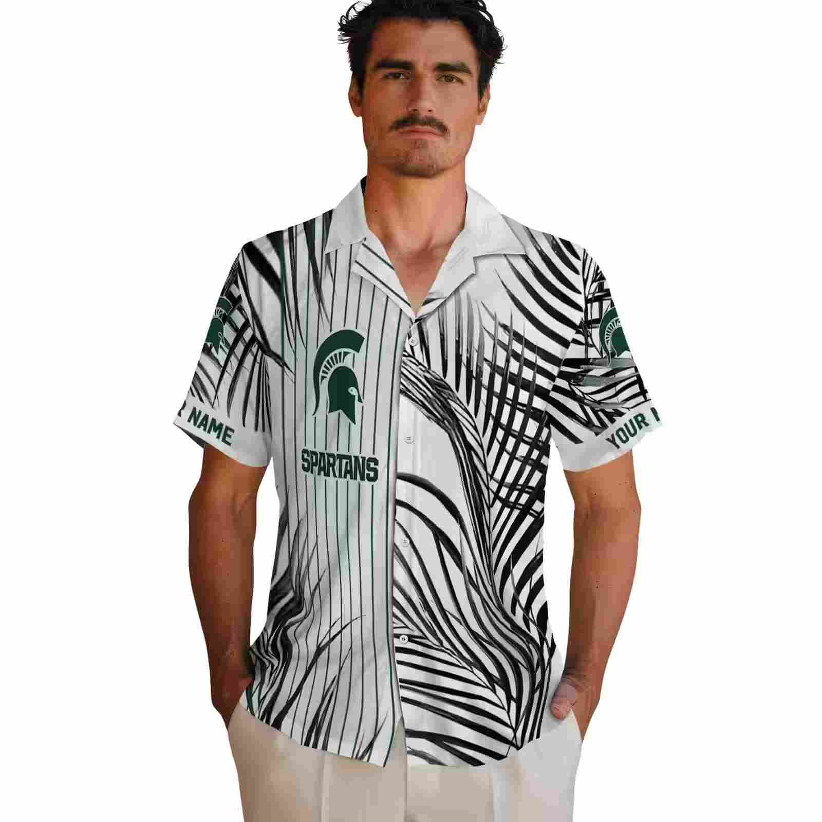 michigan state spartans palm stripes green black white hawaiian shirt fashion forward