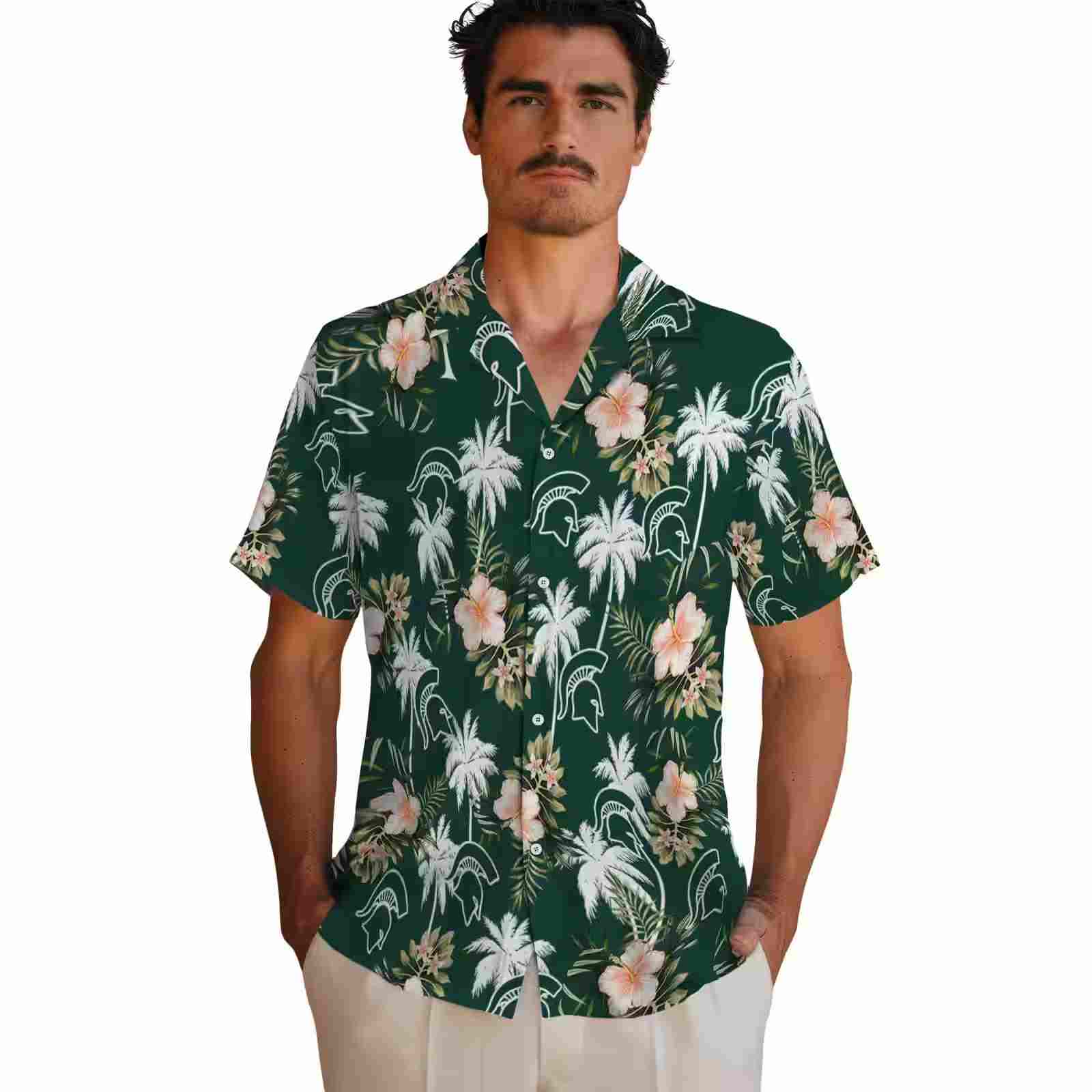 michigan state spartans palm tree flower green hawaiian shirt fashion forward