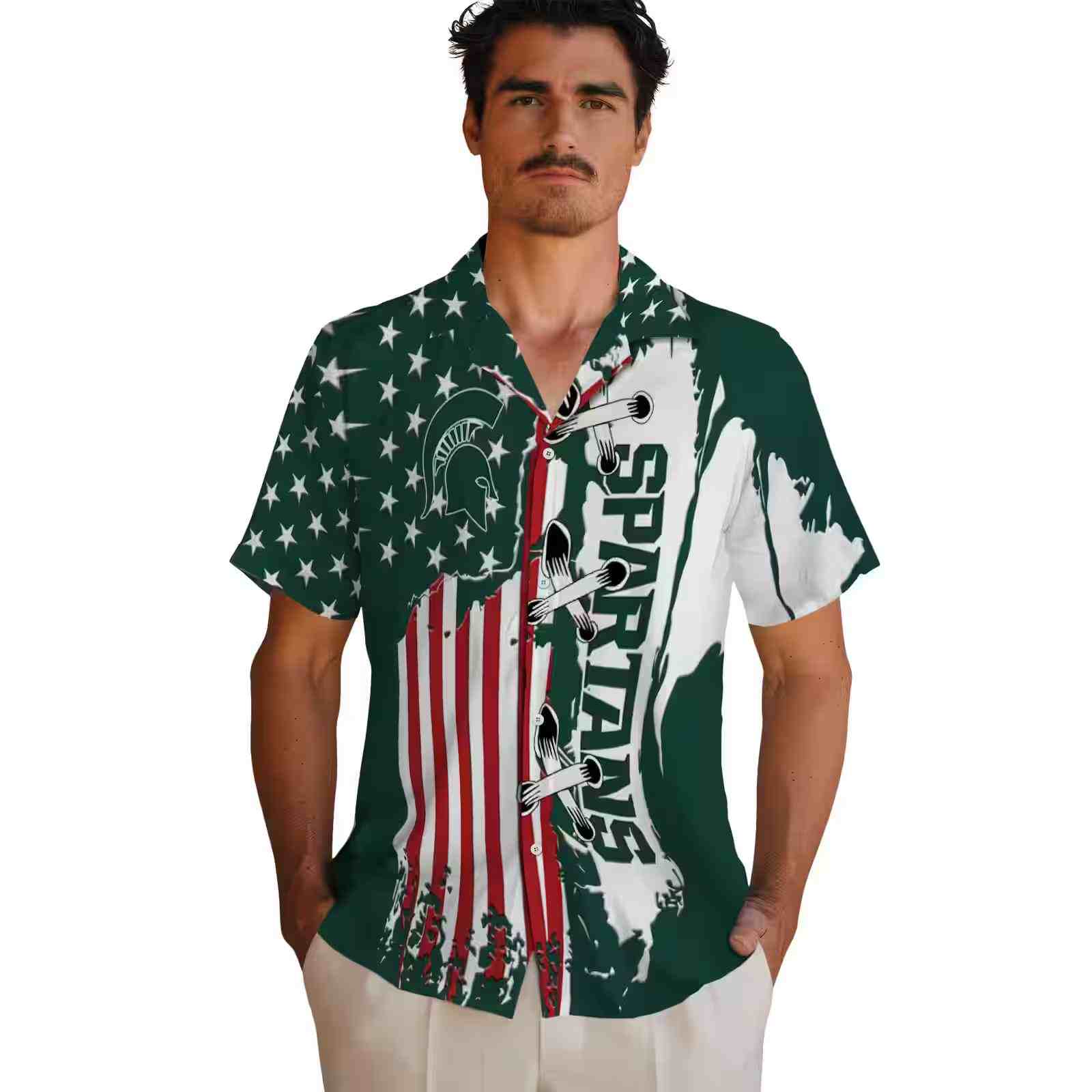 michigan state spartans stitched flag green hawaiian shirt fashion forward