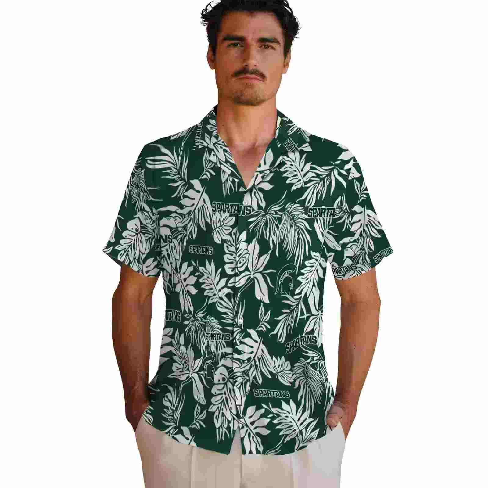 michigan state spartans tropical leaf green white hawaiian shirt fashion forward