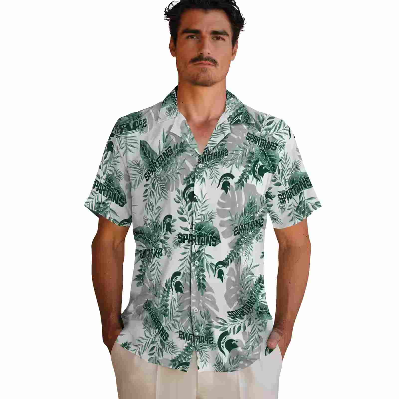 michigan state spartans tropical leaves green white hawaiian shirt fashion forward