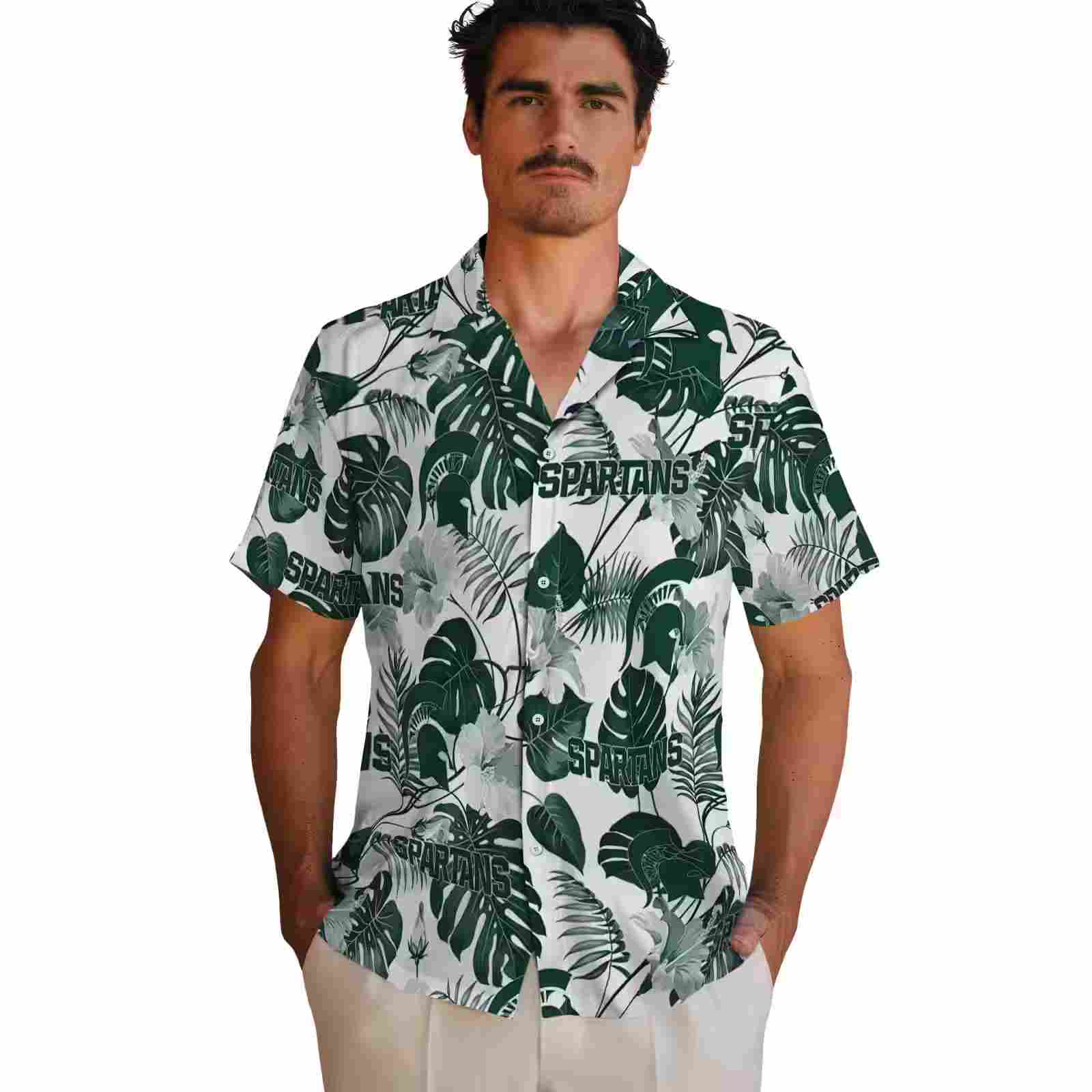 michigan state spartans tropical plants green white hawaiian shirt fashion forward