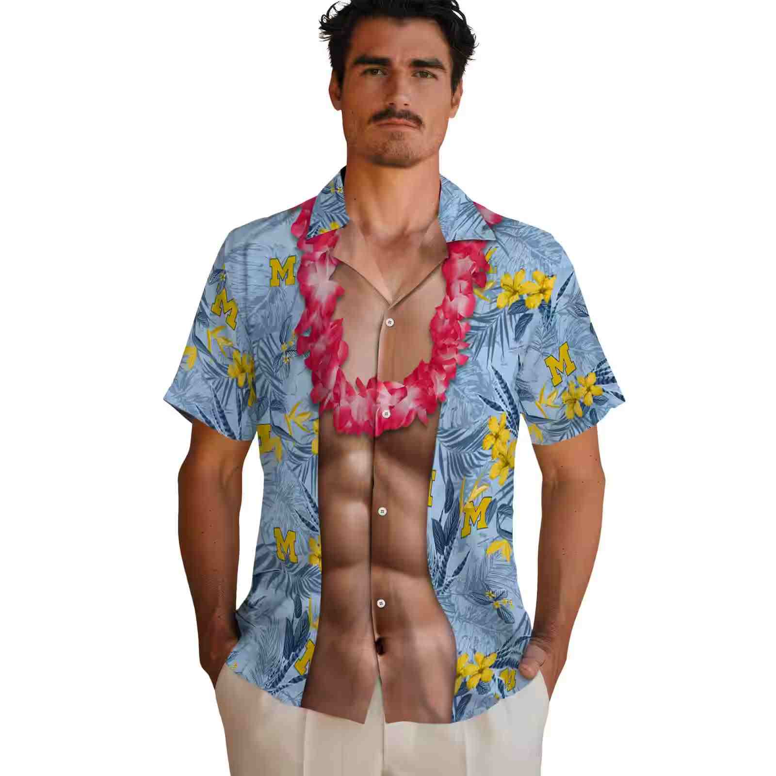 michigan wolverines chest illusion blue hawaiian shirt fashion forward