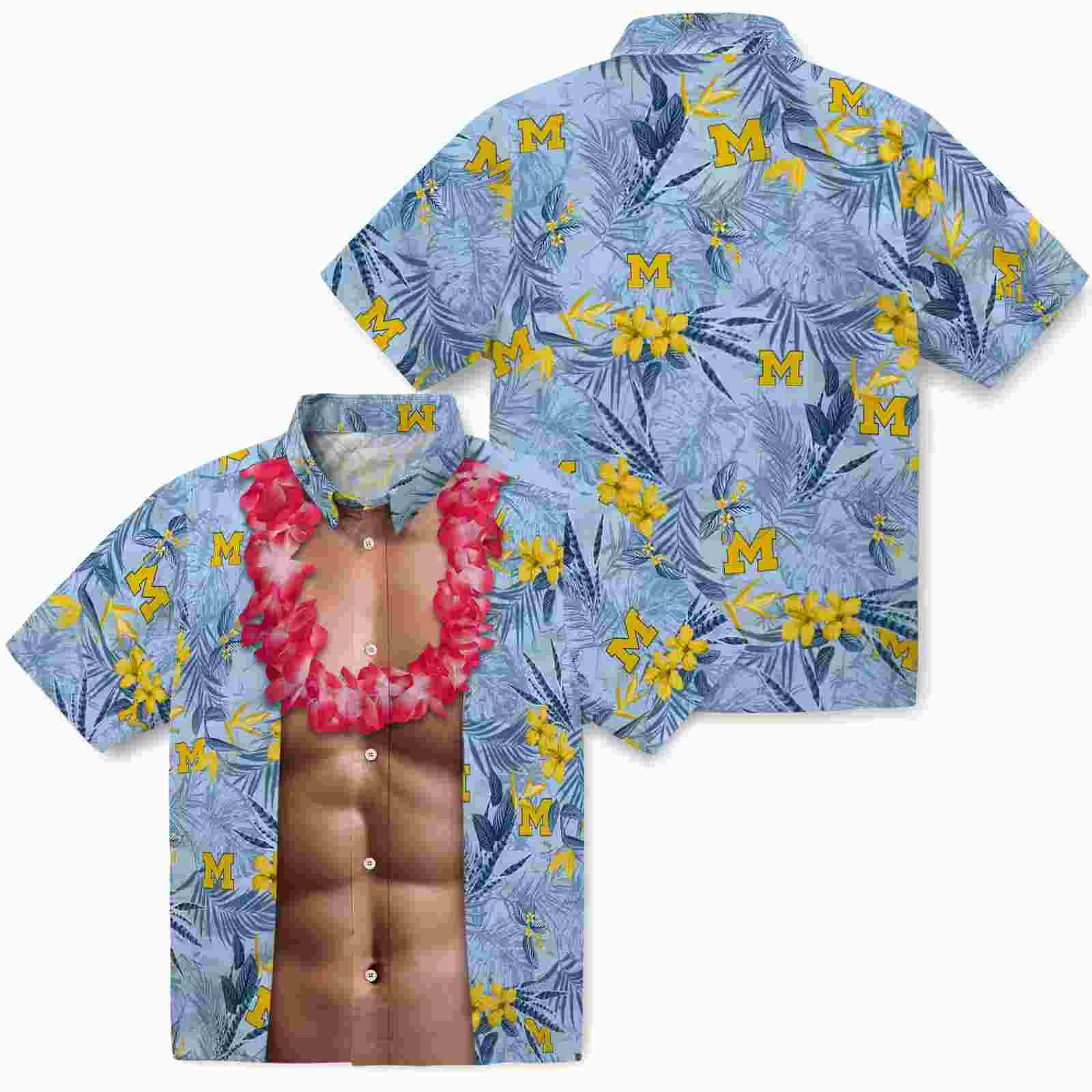 michigan wolverines chest illusion blue hawaiian shirt high quality