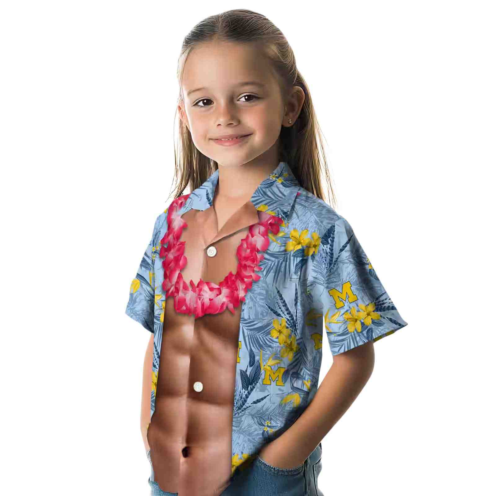 michigan wolverines chest illusion blue hawaiian shirt premium grade