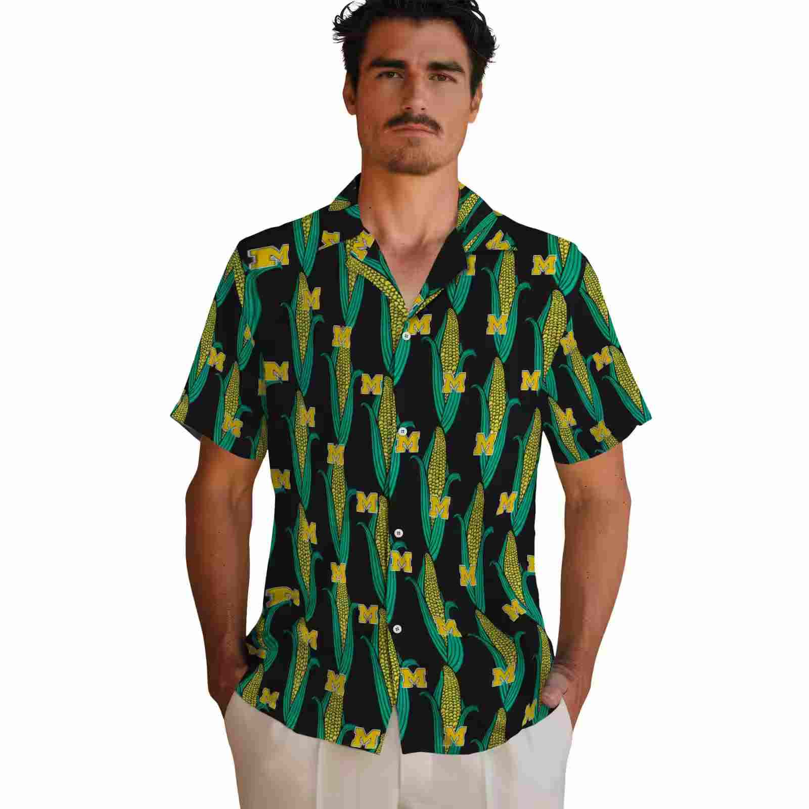 michigan wolverines corn motifs black green hawaiian shirt fashion forward