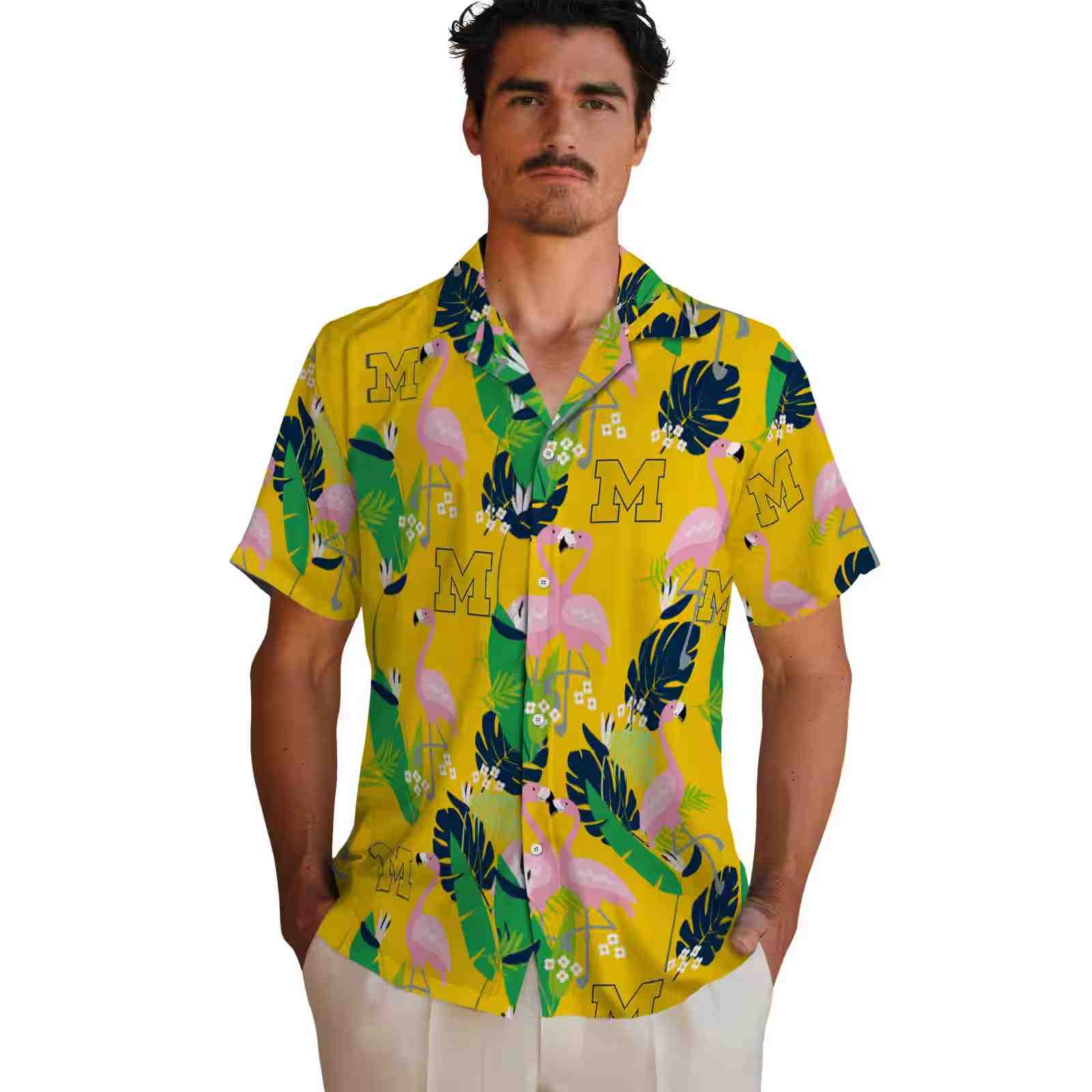 michigan wolverines flamingo foliage blue green hawaiian shirt fashion forward