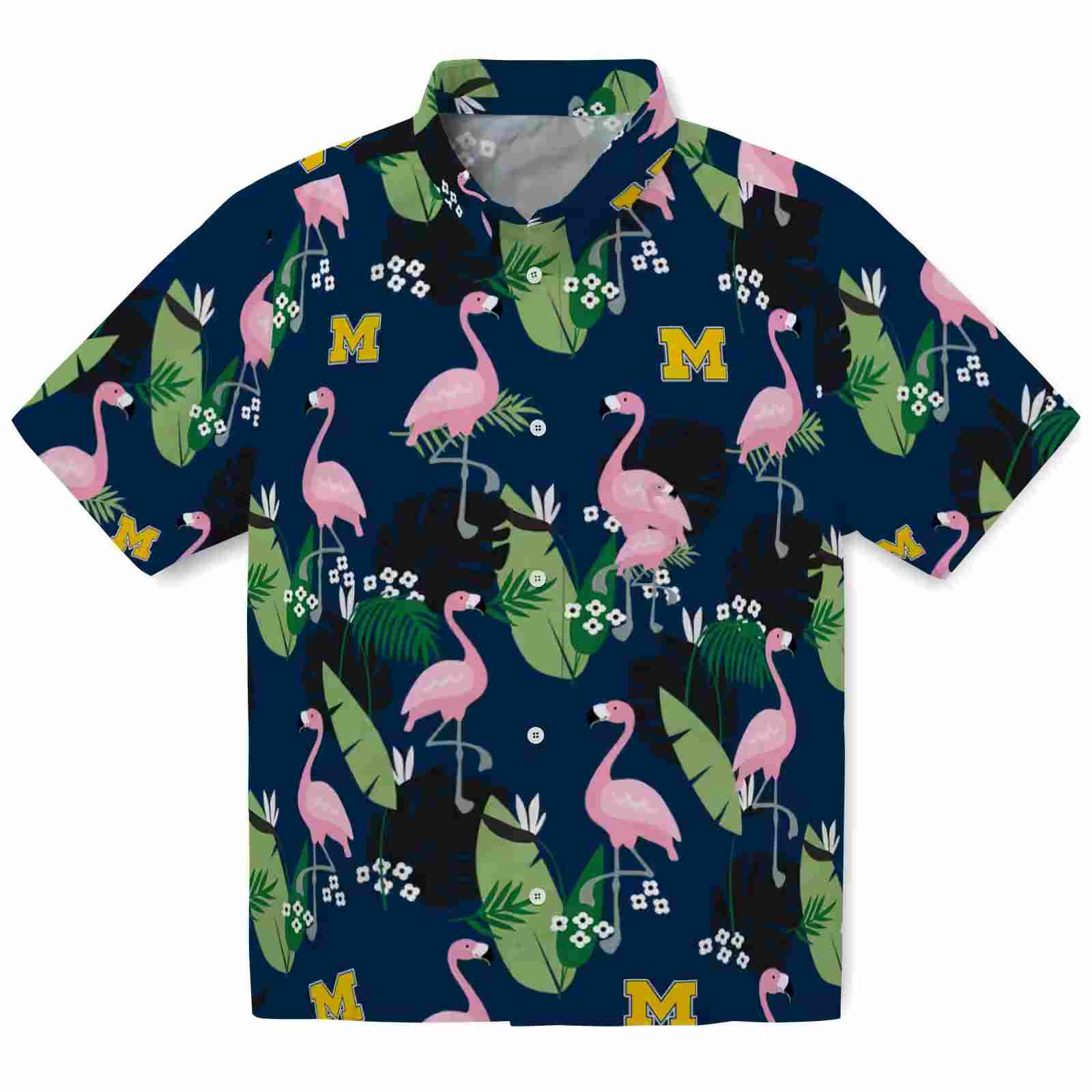 Michigan Wolverines Flamingo Leaf Motif Blue Hawaiian Shirt