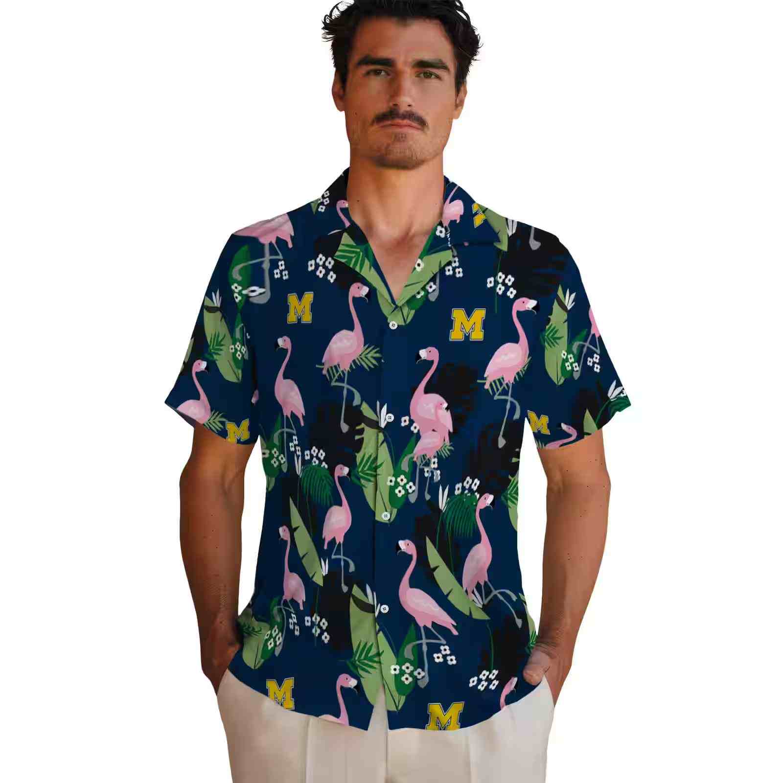 michigan wolverines flamingo leaf motif blue hawaiian shirt fashion forward