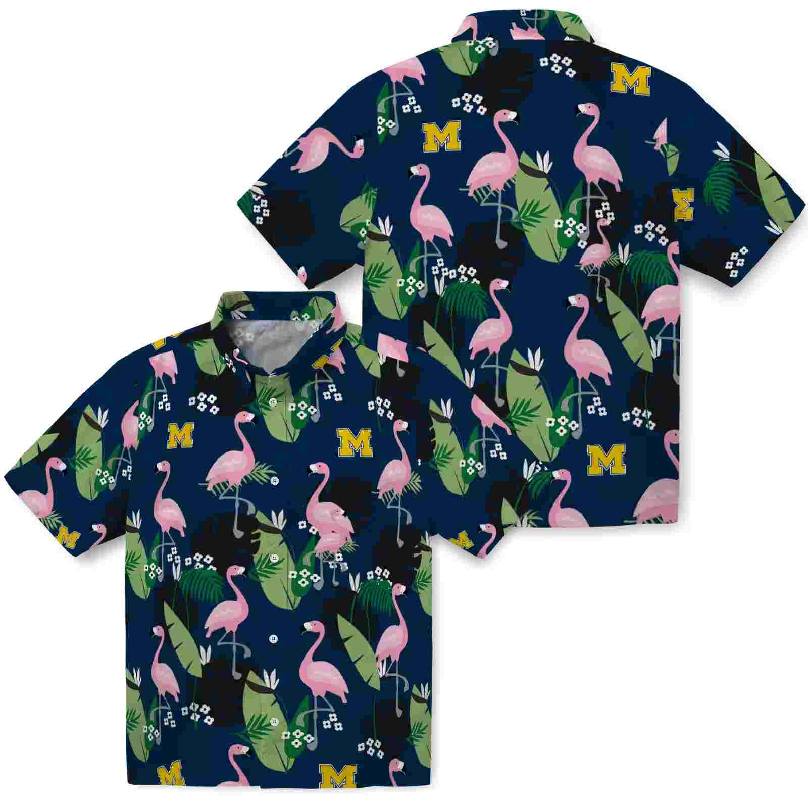 michigan wolverines flamingo leaf motif blue hawaiian shirt high quality