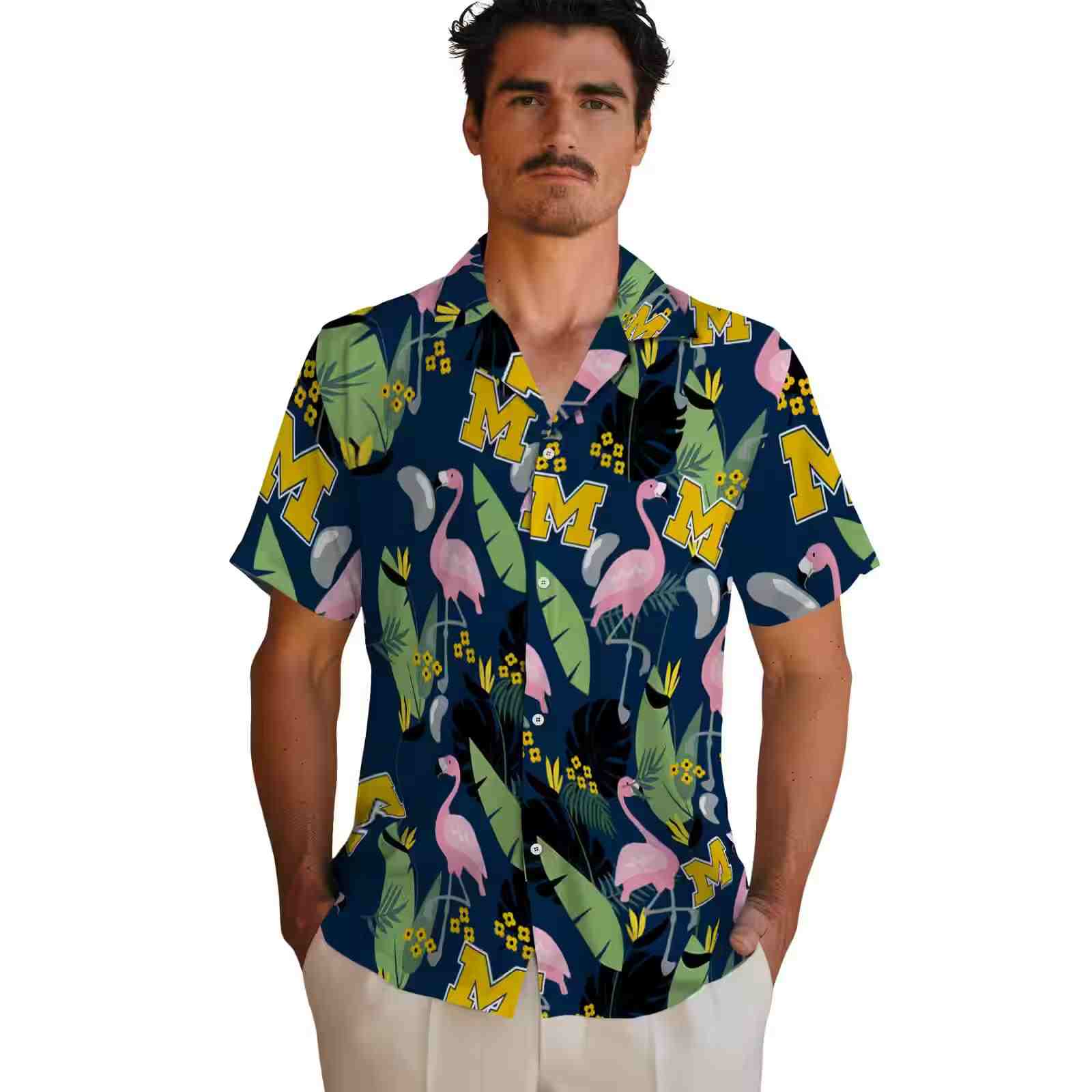 michigan wolverines flamingo leaves blue hawaiian shirt fashion forward