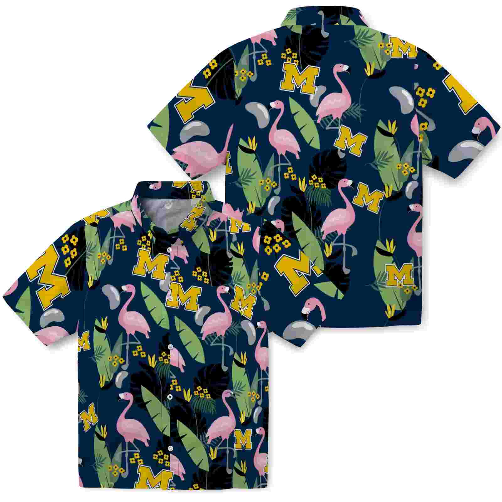 michigan wolverines flamingo leaves blue hawaiian shirt high quality