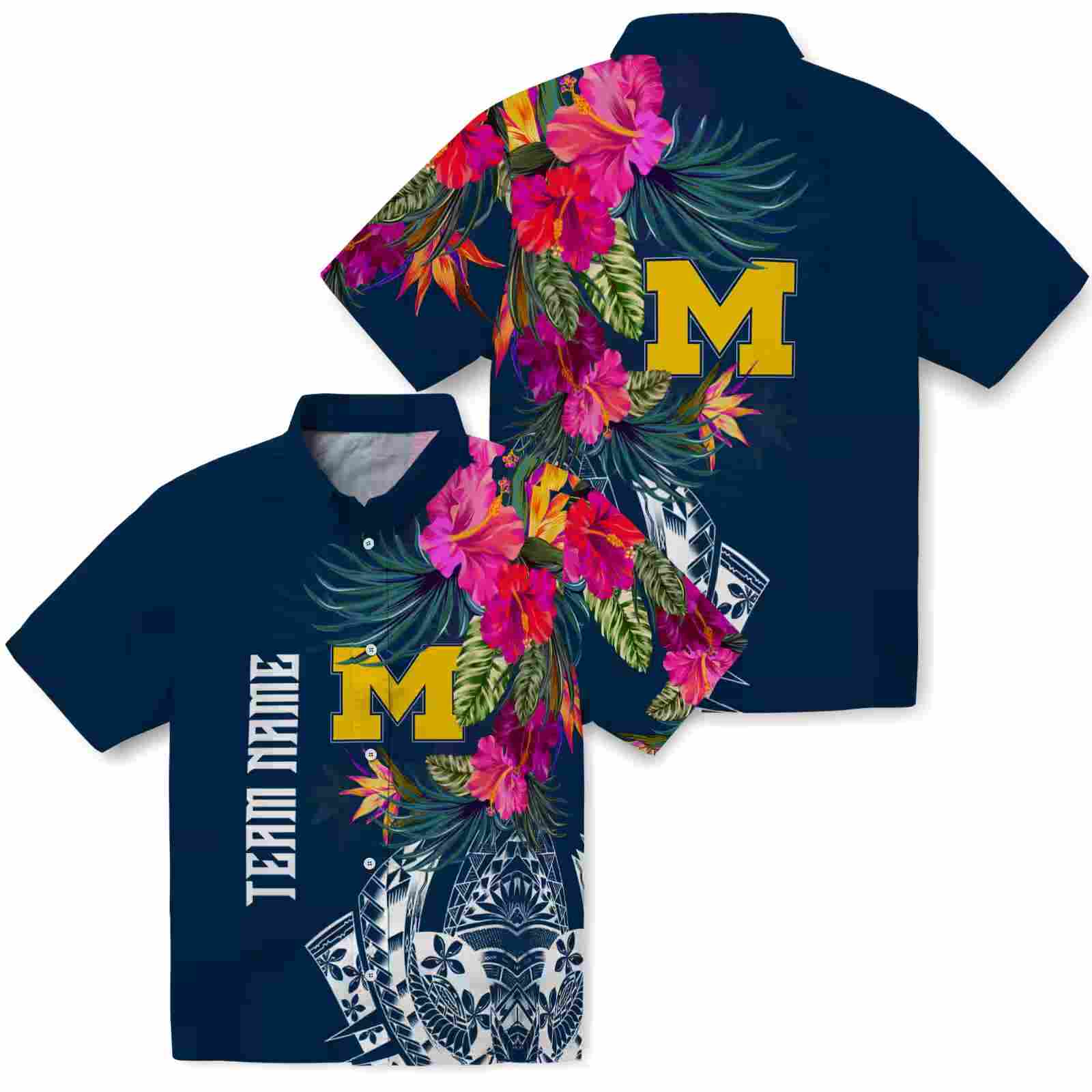 michigan wolverines floral polynesian blue hawaiian shirt high quality