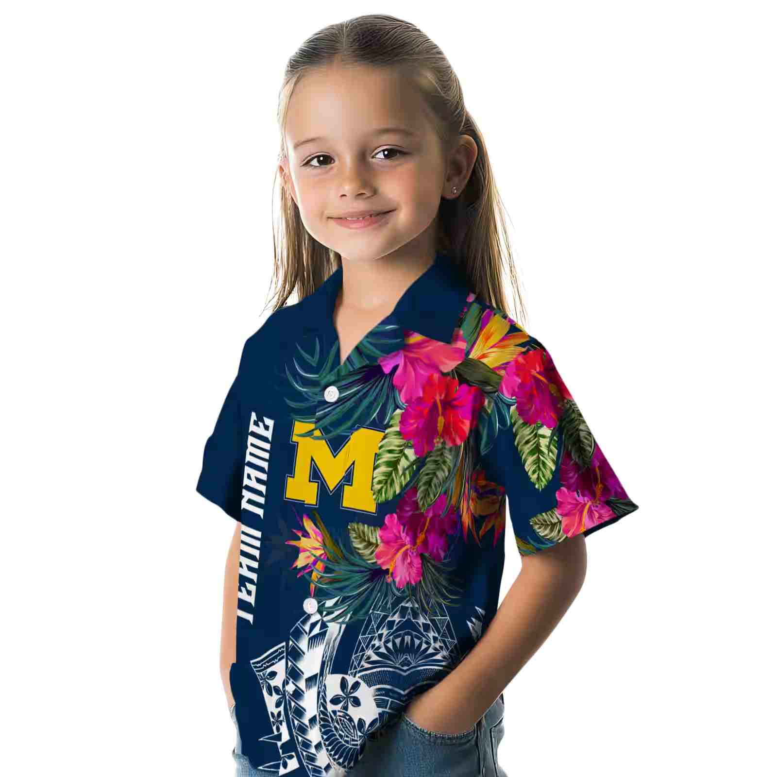 michigan wolverines floral polynesian blue hawaiian shirt premium grade