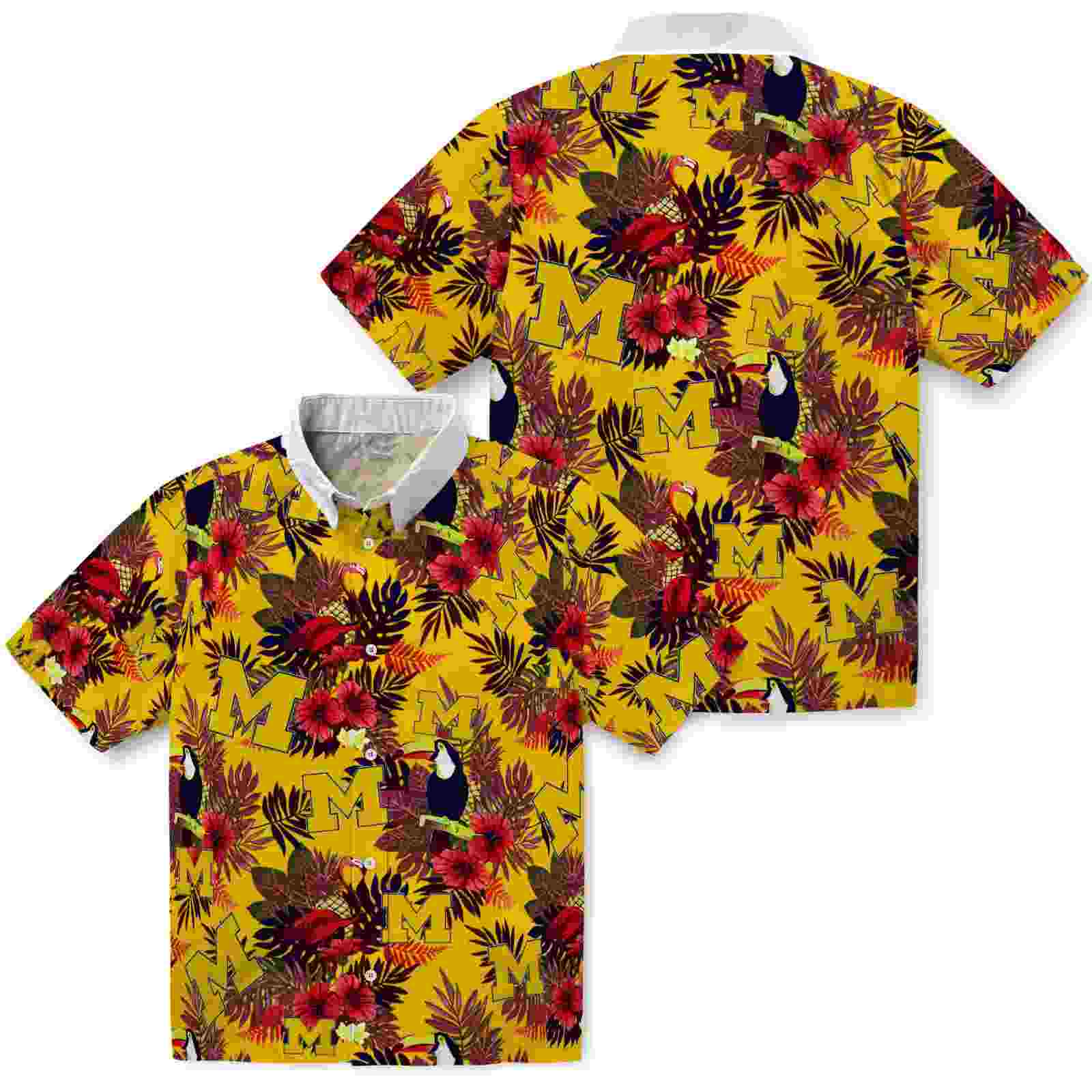 michigan wolverines floral toucan blue red hawaiian shirt high quality