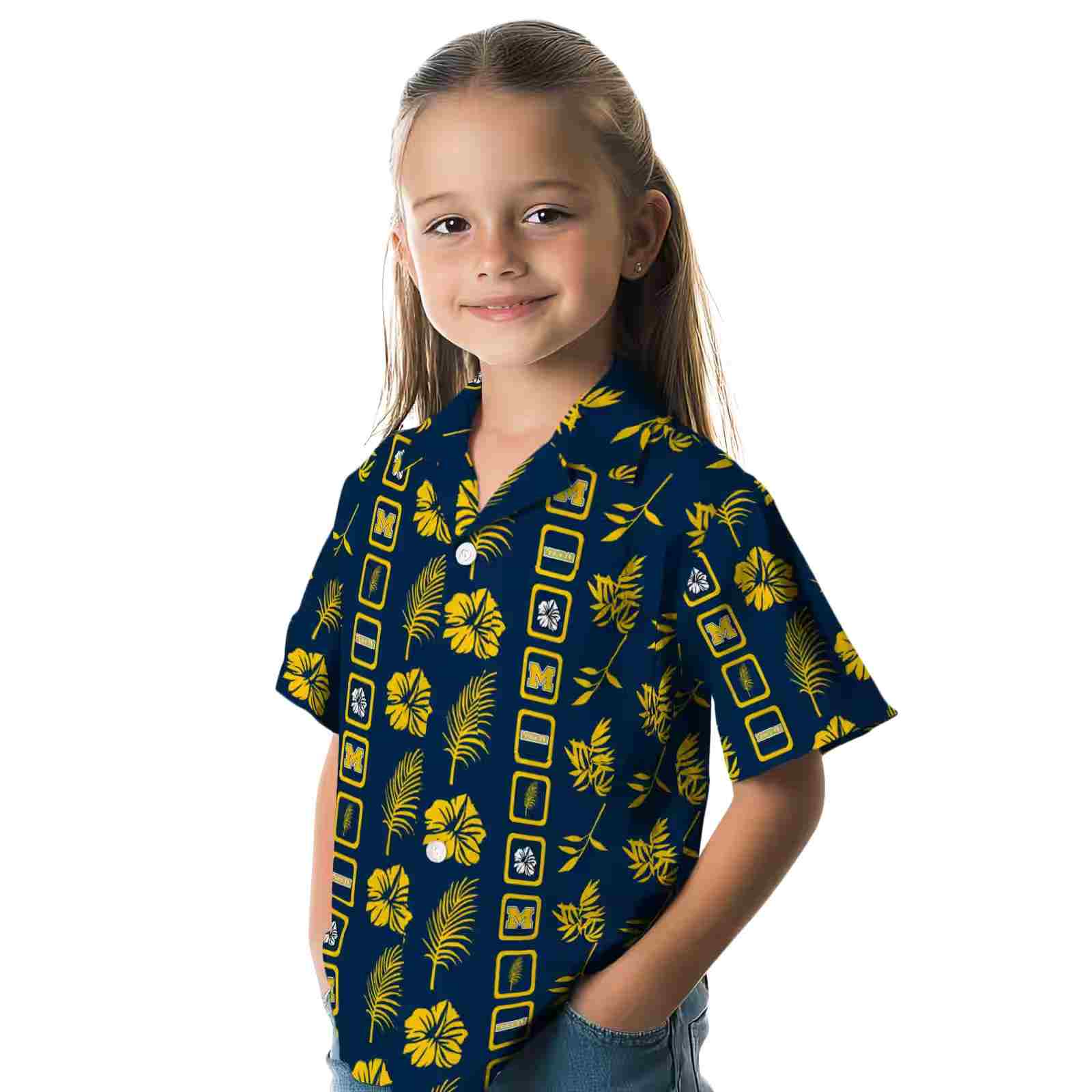 michigan wolverines framed floral blue hawaiian shirt premium grade