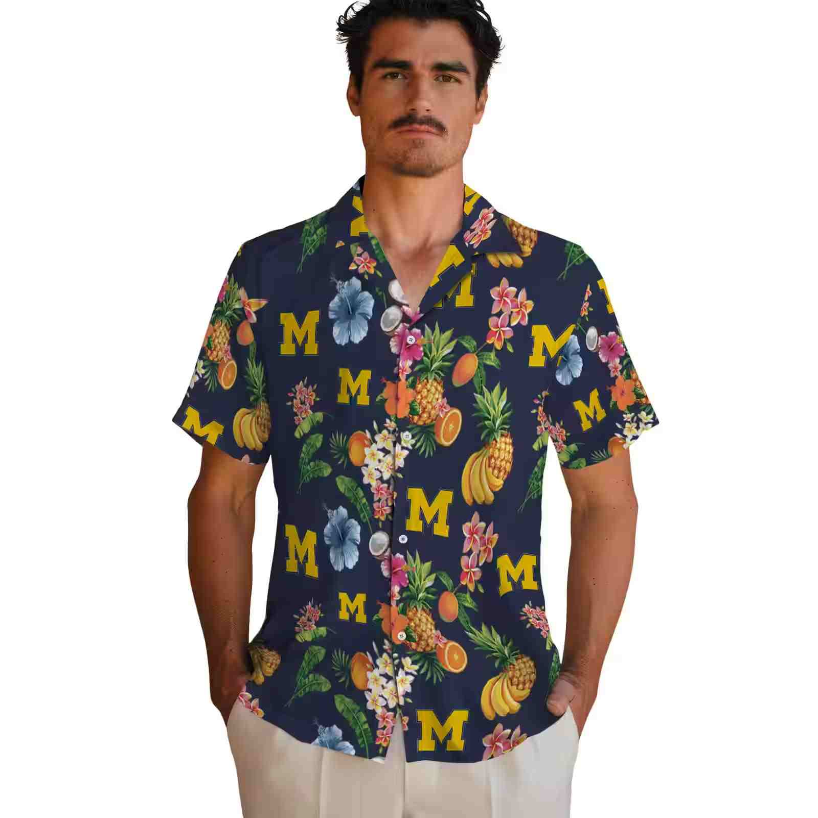 michigan wolverines hibiscus and fruit navy blue hawaiian shirt fashion forward