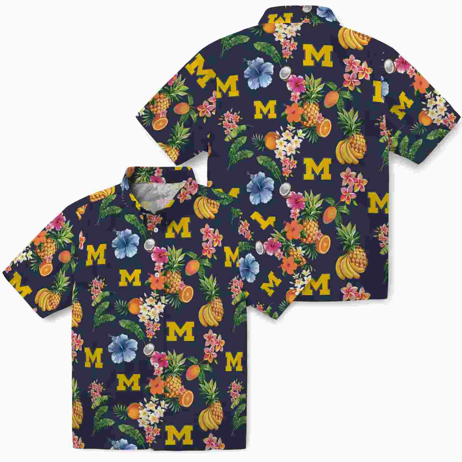 michigan wolverines hibiscus and fruit navy blue hawaiian shirt high quality