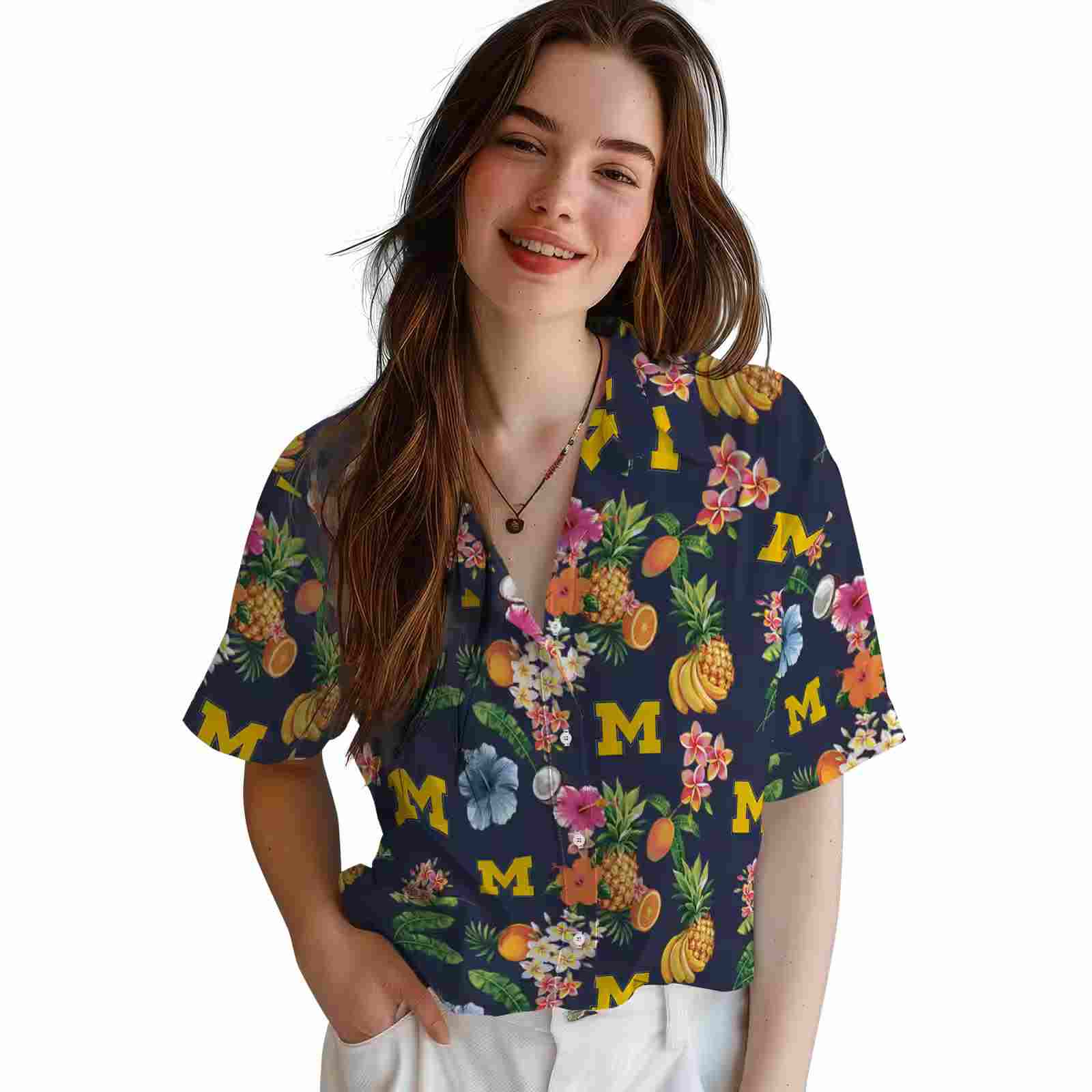 michigan wolverines hibiscus and fruit navy blue hawaiian shirt latest model