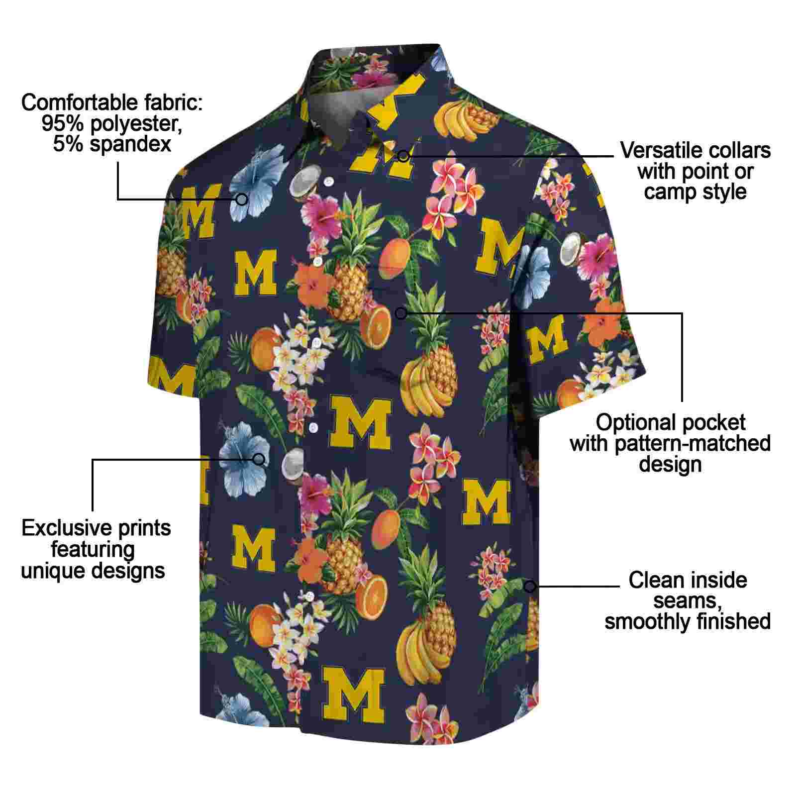 michigan wolverines hibiscus and fruit navy blue hawaiian shirt new arrival