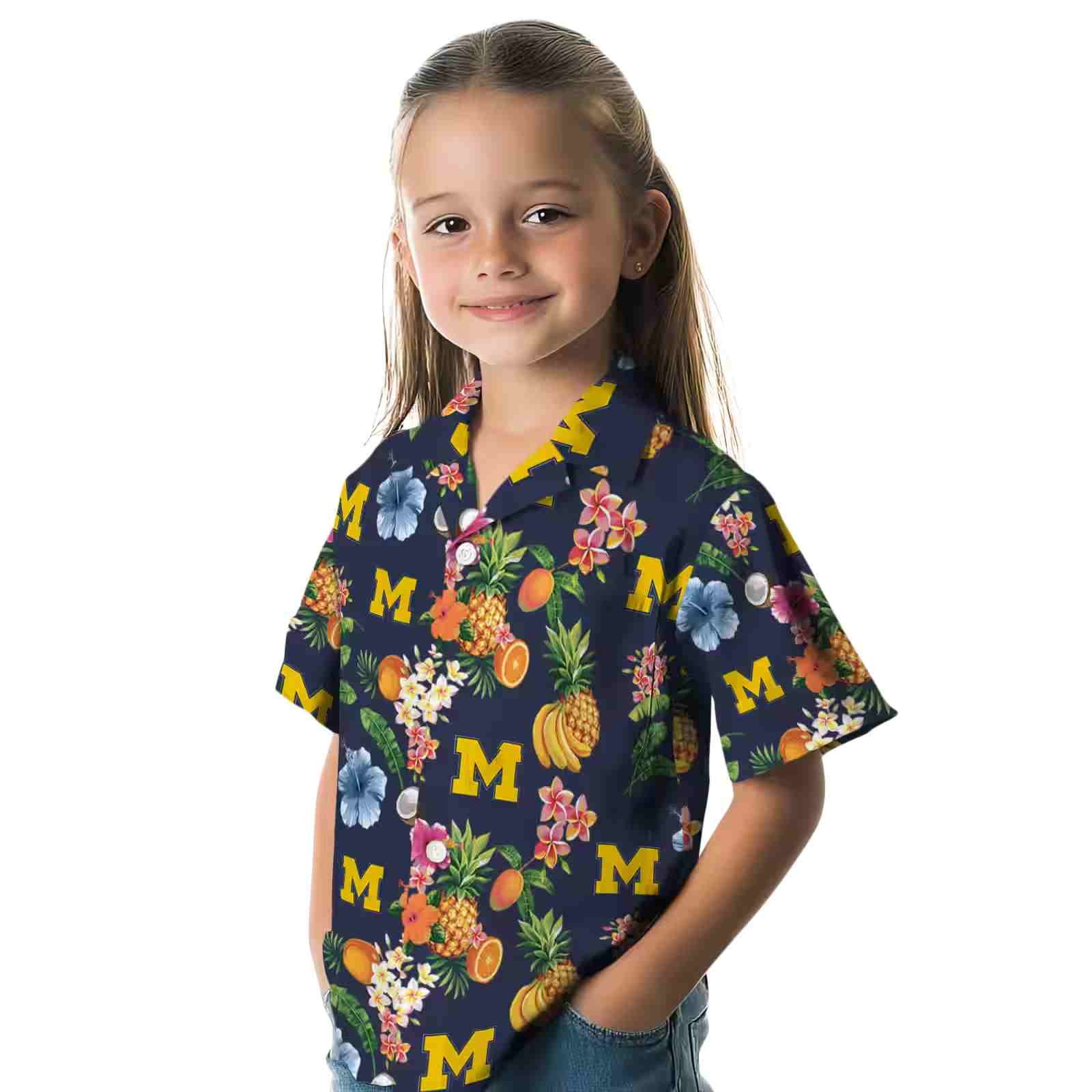 michigan wolverines hibiscus and fruit navy blue hawaiian shirt premium grade