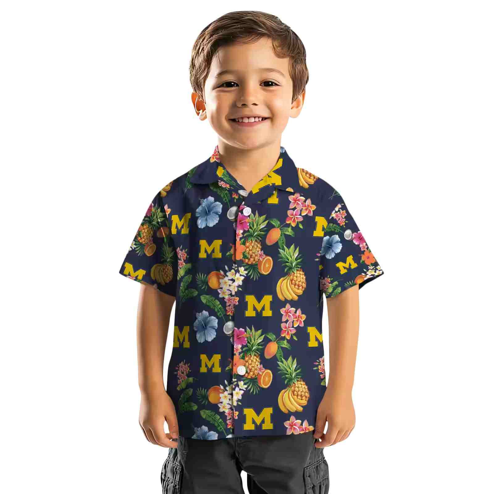 michigan wolverines hibiscus and fruit navy blue hawaiian shirt top rated