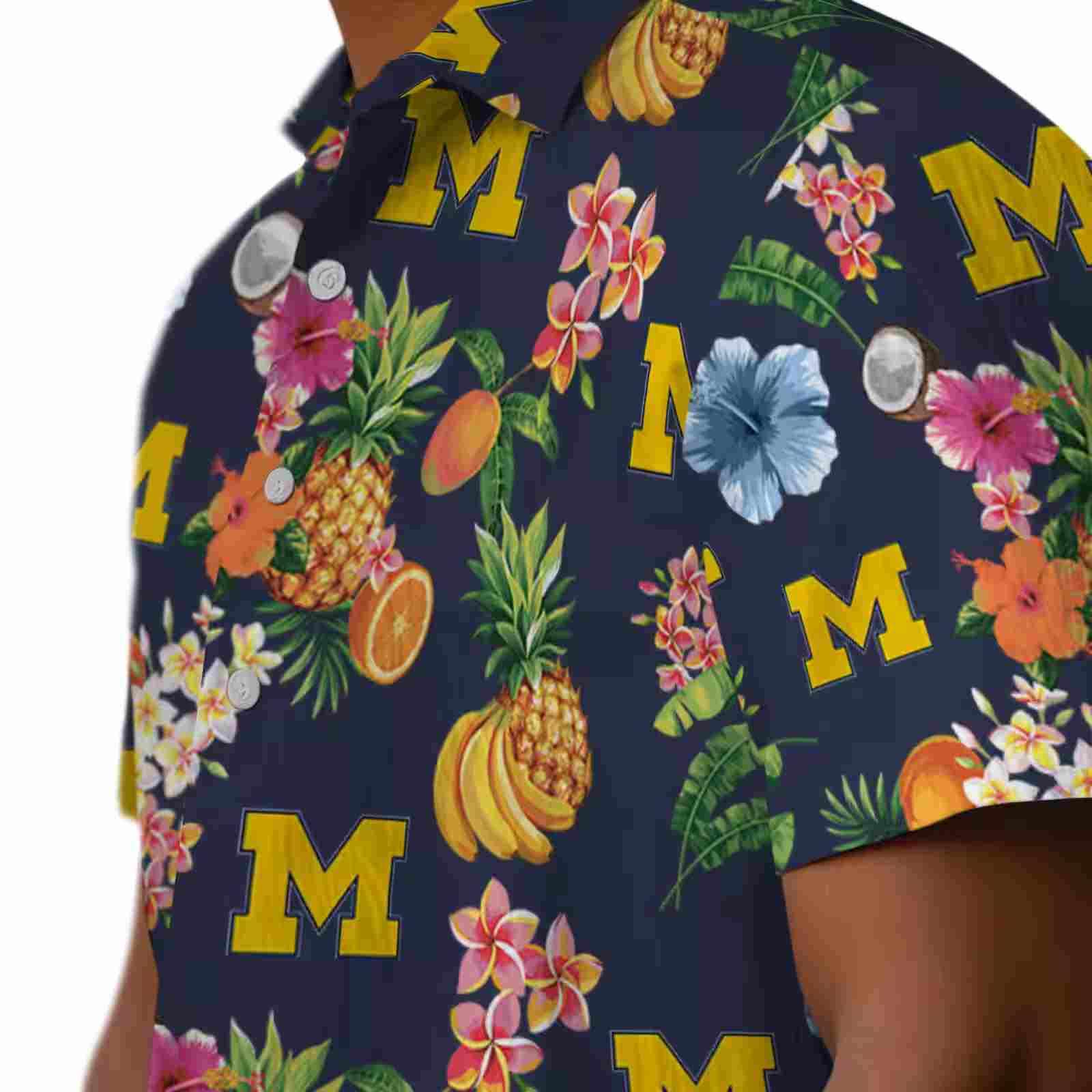 michigan wolverines hibiscus and fruit navy blue hawaiian shirt trendy