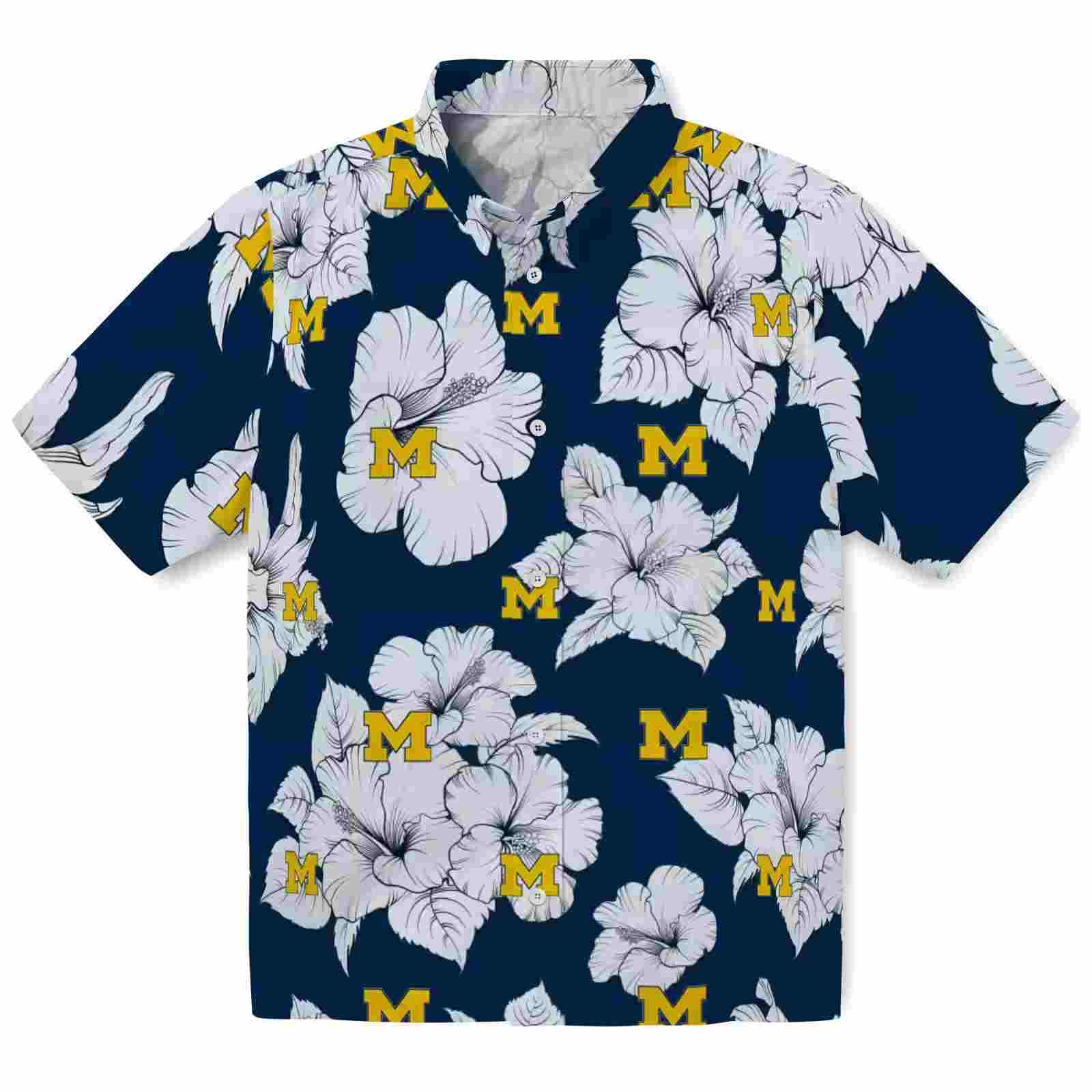 Michigan Wolverines Hibiscus Blooms Blue White Hawaiian Shirt