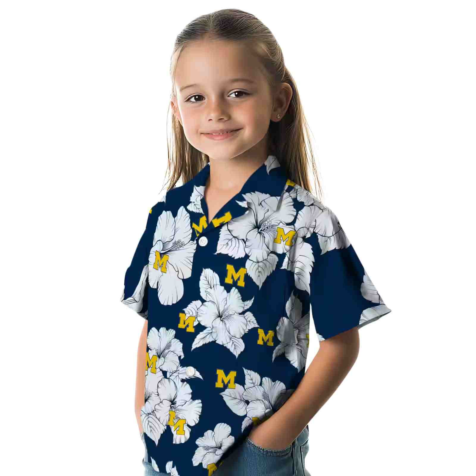 michigan wolverines hibiscus blooms blue white hawaiian shirt premium grade