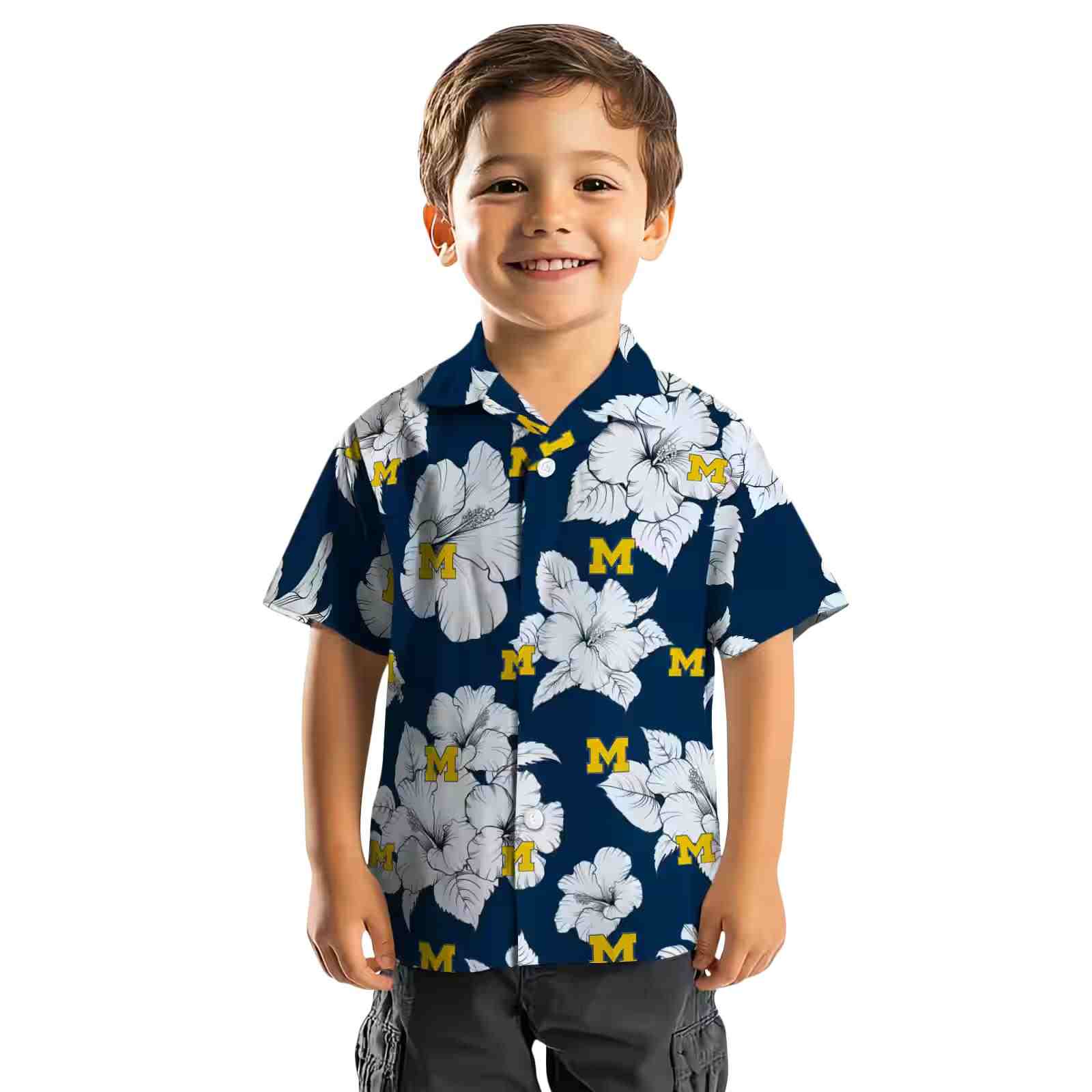 michigan wolverines hibiscus blooms blue white hawaiian shirt top rated