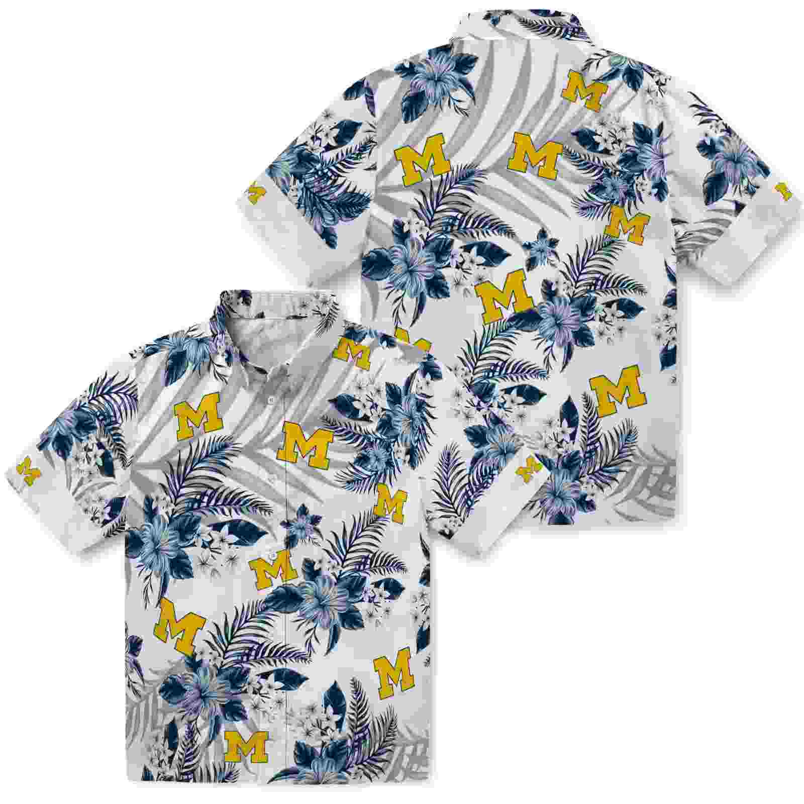 michigan wolverines hibiscus palm leaves blue white hawaiian shirt high quality