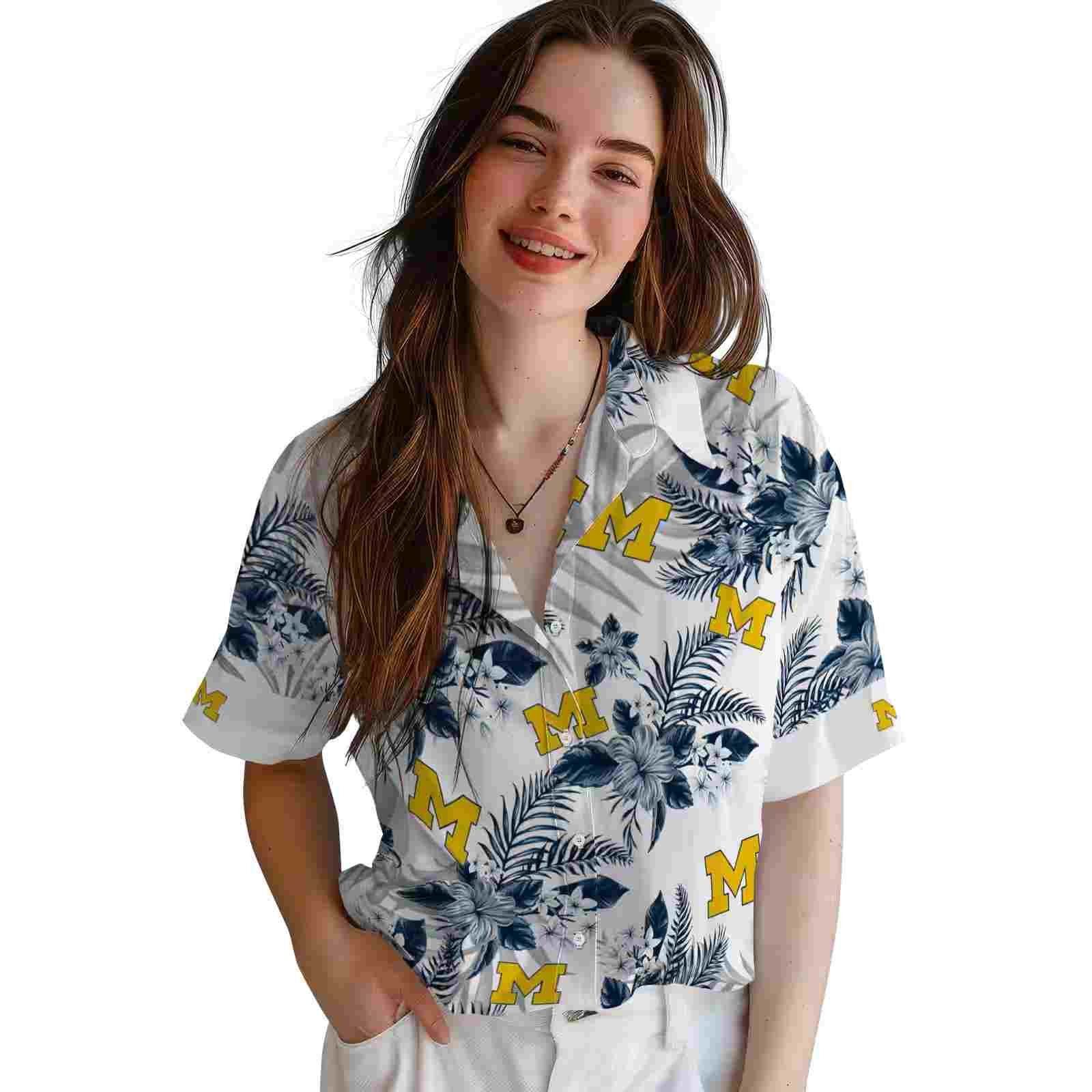 michigan wolverines hibiscus palm leaves blue white hawaiian shirt latest model